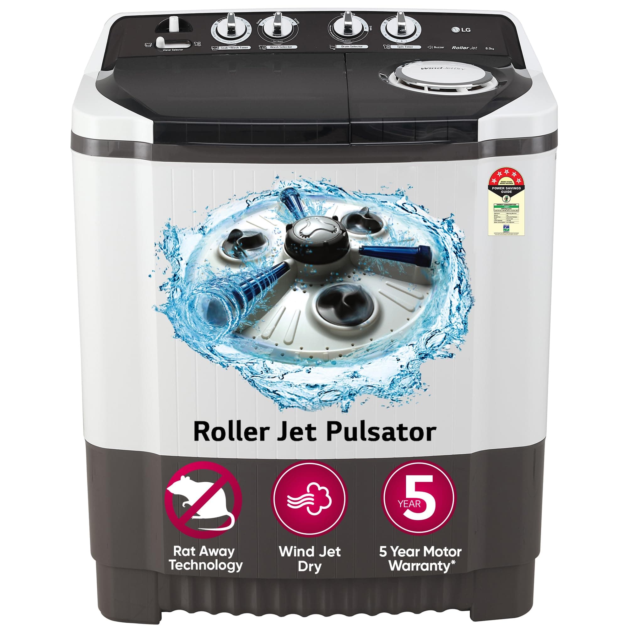 LG 8.0 kg 5 Star Semi-Automatic Top Loading Washing Machine (P8030SGAZ, Roller Jet Pulsator with Soak & Wind Jet Dry, Dark Gray)