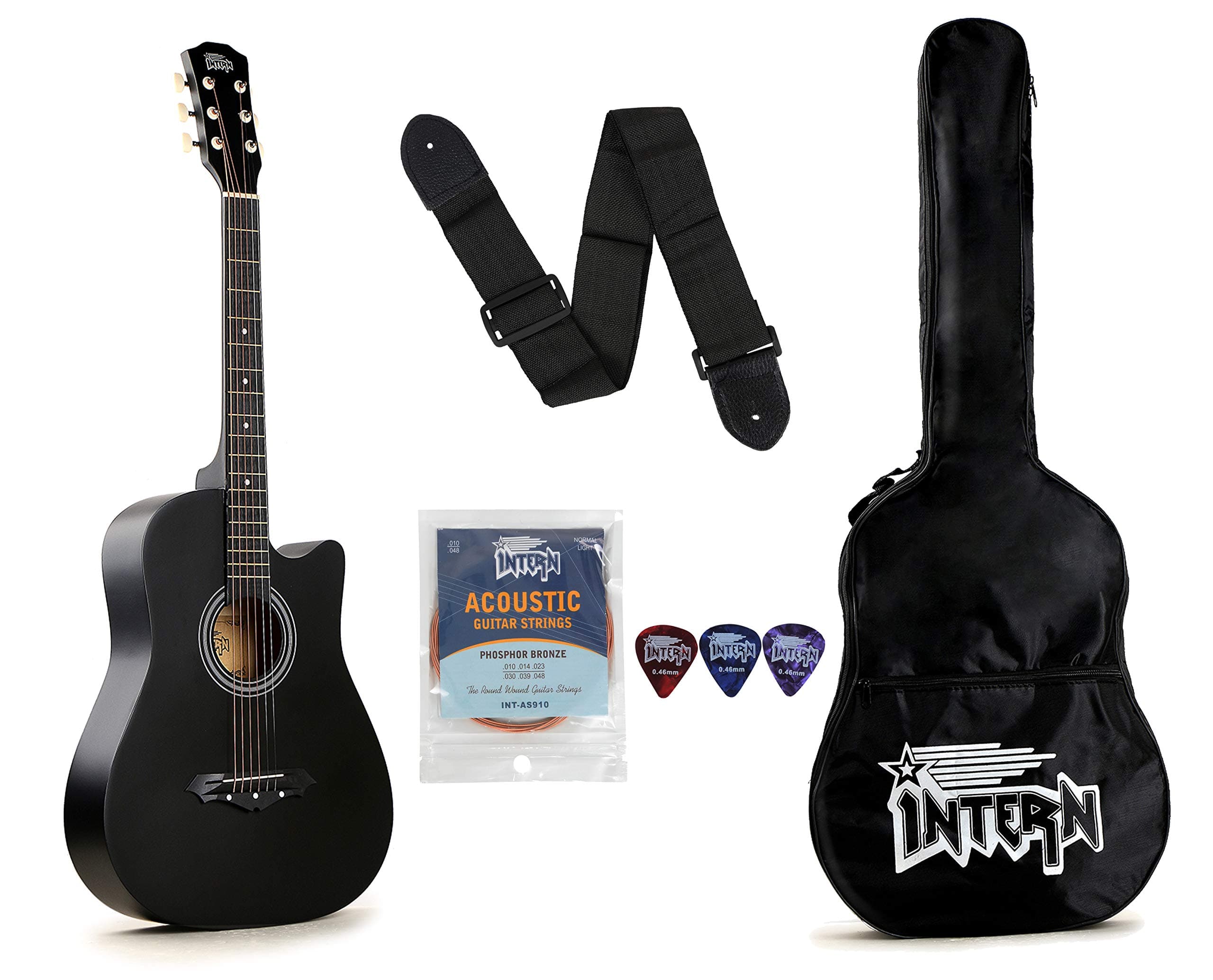 Intern INT-38C Acoustic Guitar Kit, With Bag, Strings, Pick And Strap, Black