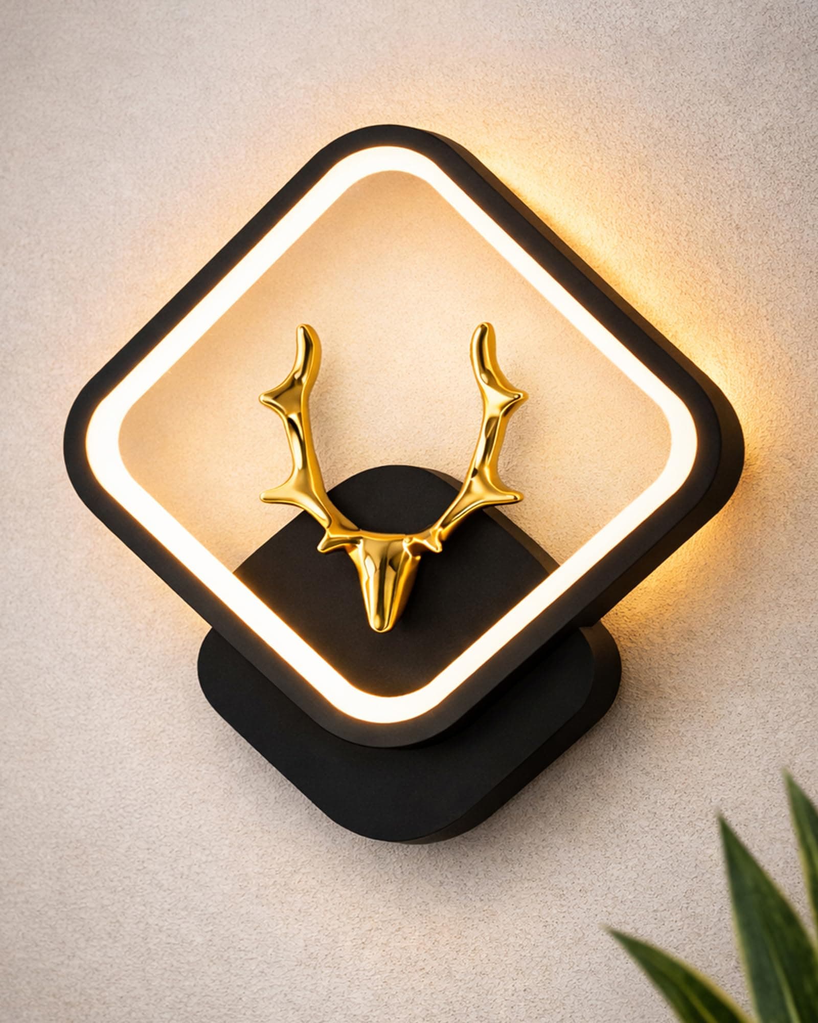 Homesake® LED Wall Lamp for Living Room Bedroom, Modern Golden Deer Decorative Wall Light, Warm White Indoor Designer Home Decor Light, Stag Face, Square Frame, (Black, Square)