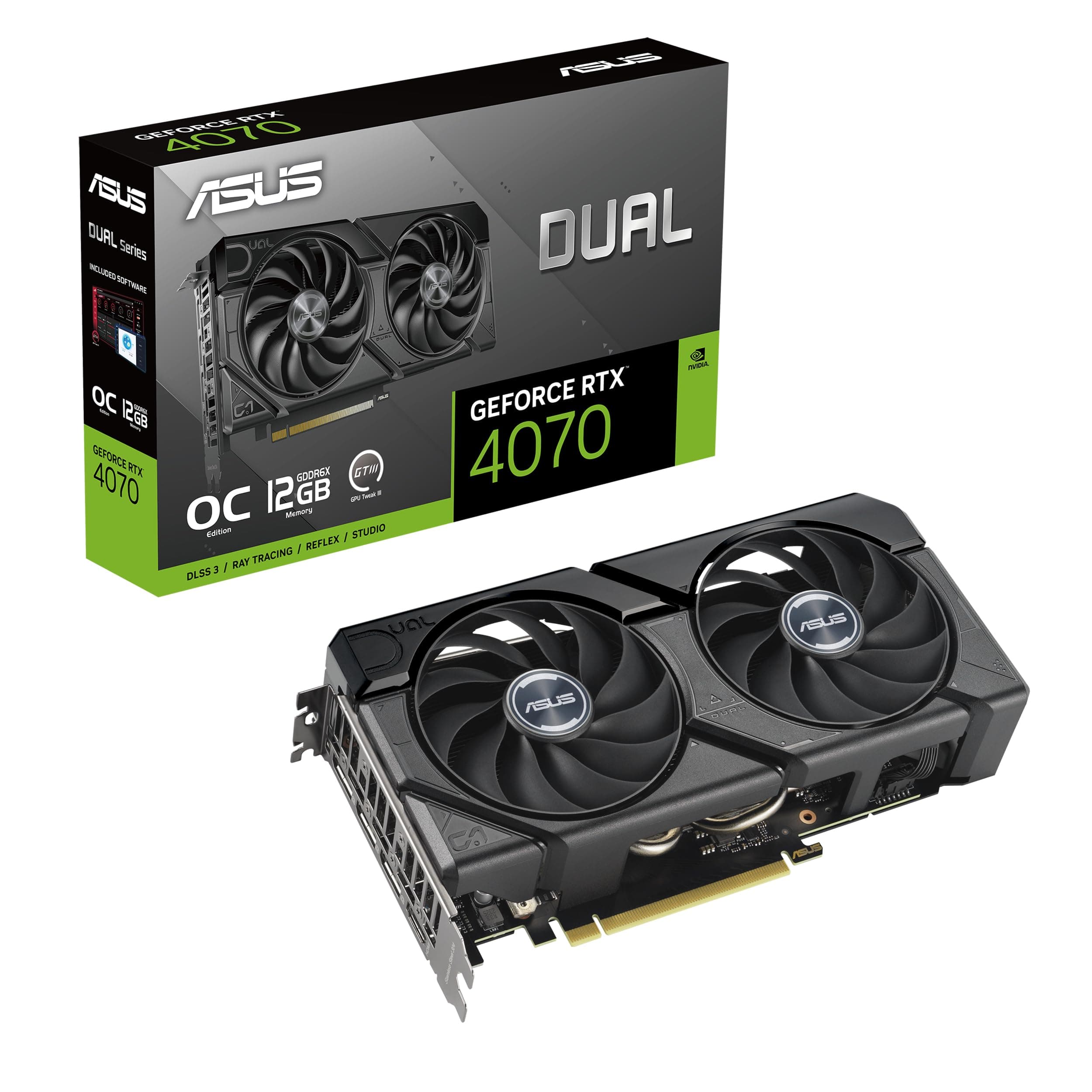ASUS Dual GeForce RTX 4070 EVO OC Edition 12GB GDDR6X is Designed for Broad Compatibility, with a 2.5-Slot Design, Axial-tech Fan Design, 0dB Technolo...