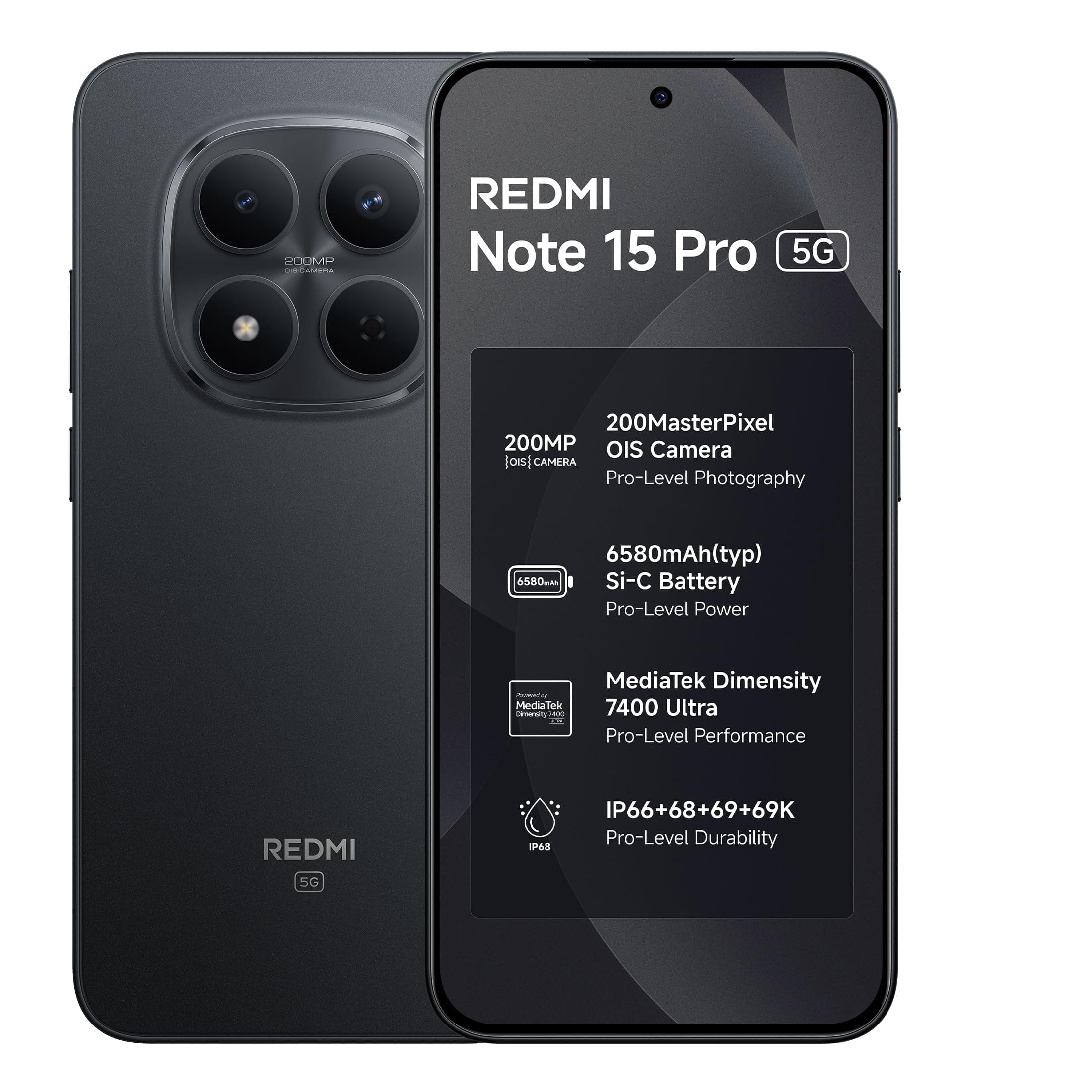 REDMI Note 15 Pro 5G (Carbon Black, 8GB+256GB) | 200MasterPixel OIS Camera | Dimensity 7400-Ultra | 17.3cm CrystalRes AMOLED Screen | IP66/68/69/69K |...