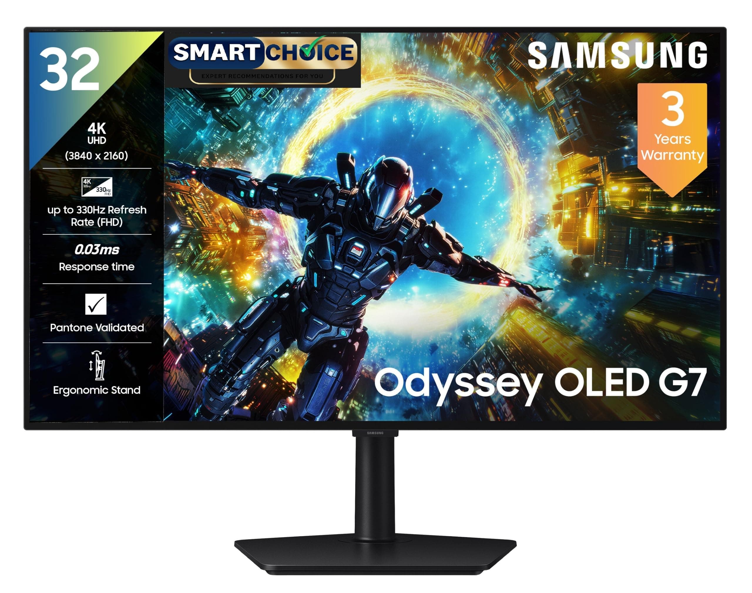 Samsung 32" Odyssey OLED G7 Gaming Monitor (Smartchoice) UHD, 4K 165Hz / FHD 330 Hz, 0.03ms(GTG), FreeSync Premium Pro, G-Sync, DP, HDMI, Height-Tilt-...