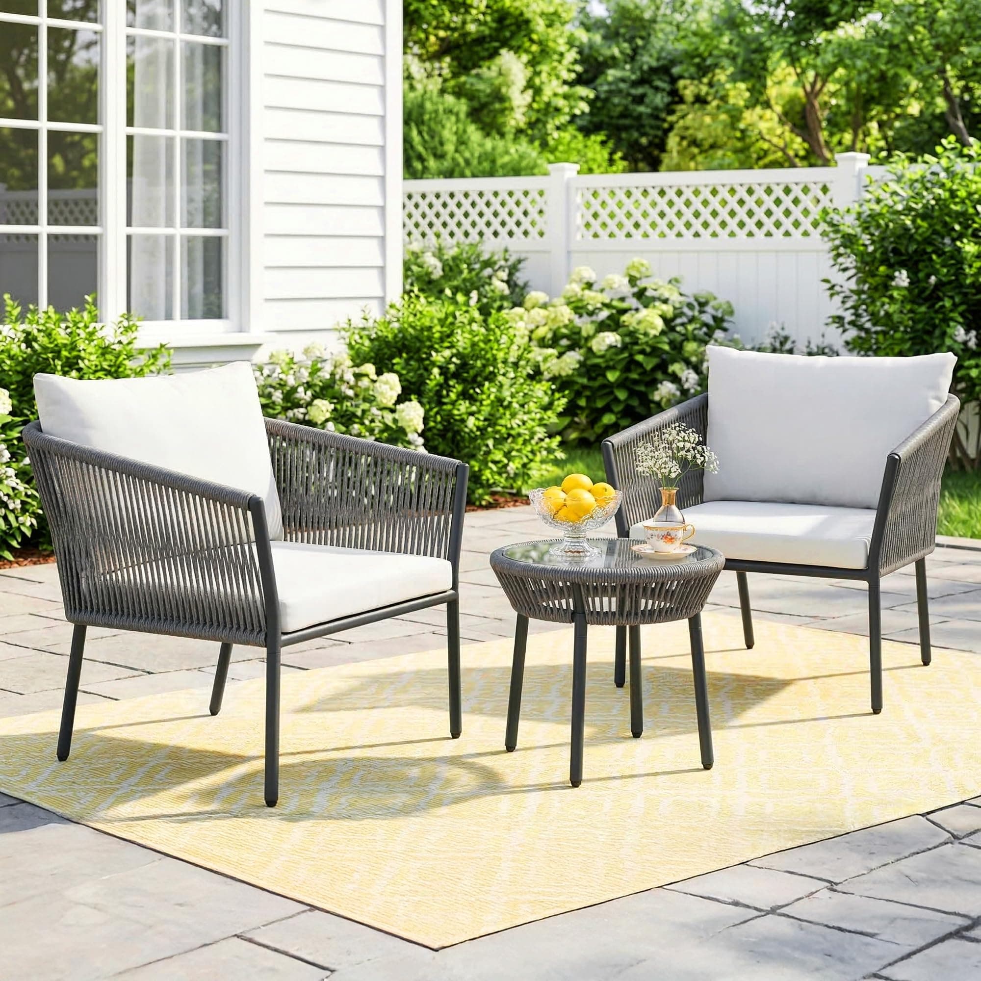 DEVOKO 3 Piece Patio Rope Set Outdoor Woven Rope Conversation Balcony Furniture With Glass Top Table And Cushioned Chairs For Garden (Grey And White),...