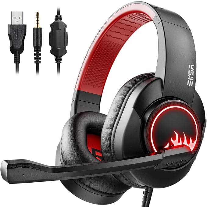 EKSA T8 PS4 Headset Gaming Headphone with Noise Canceling Mic, Wired PC Headset with Surround Stereo Sound, LED Light for PS4, PC, Laptop (Red) Headse