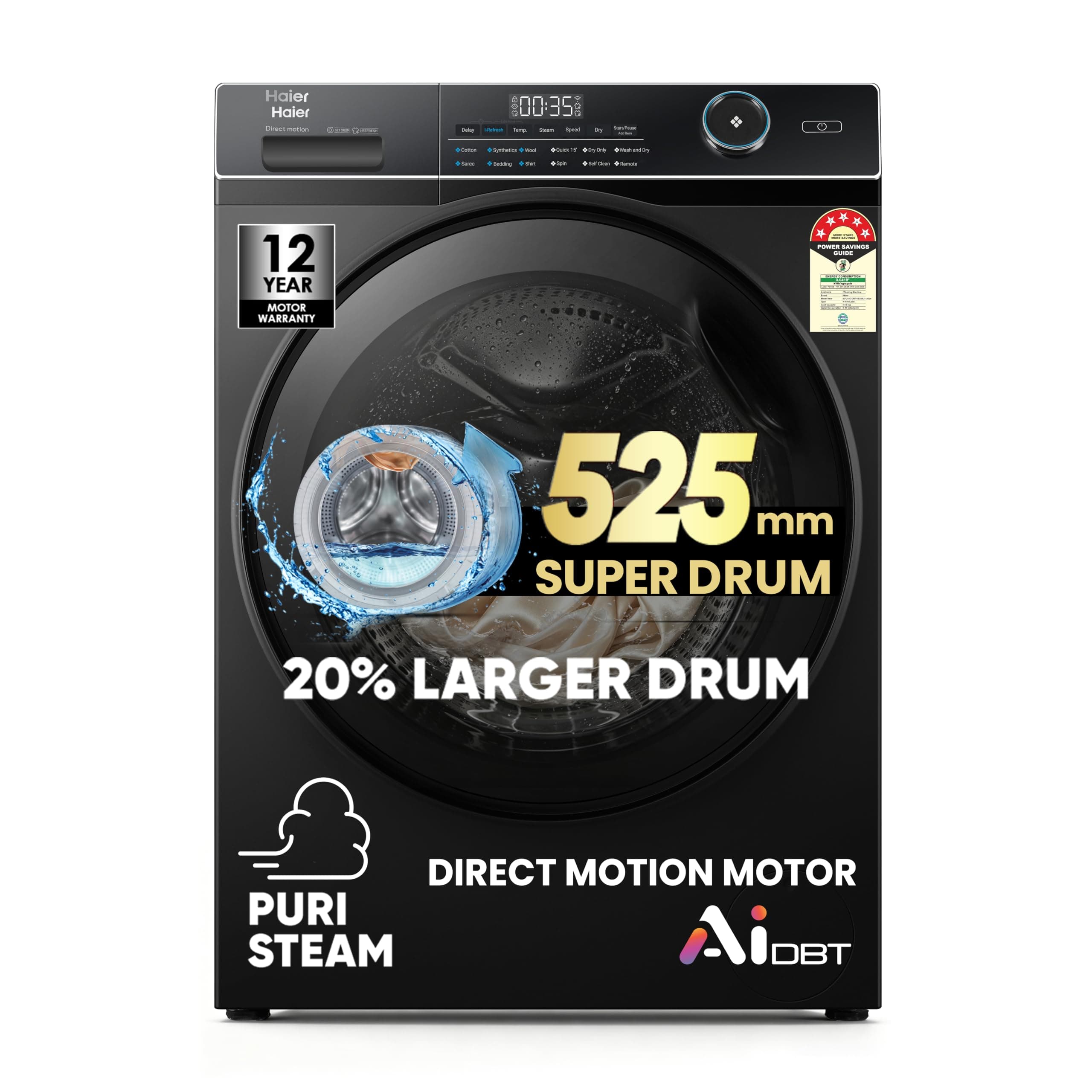 Haier 12Kg, 5 Star, AI Smart Wash, Hygiene Refresh with Inbuilt heater, 525 mm Super Drum, Direct Motion Motor, WiFi Fully Automatic Front Load Washer...