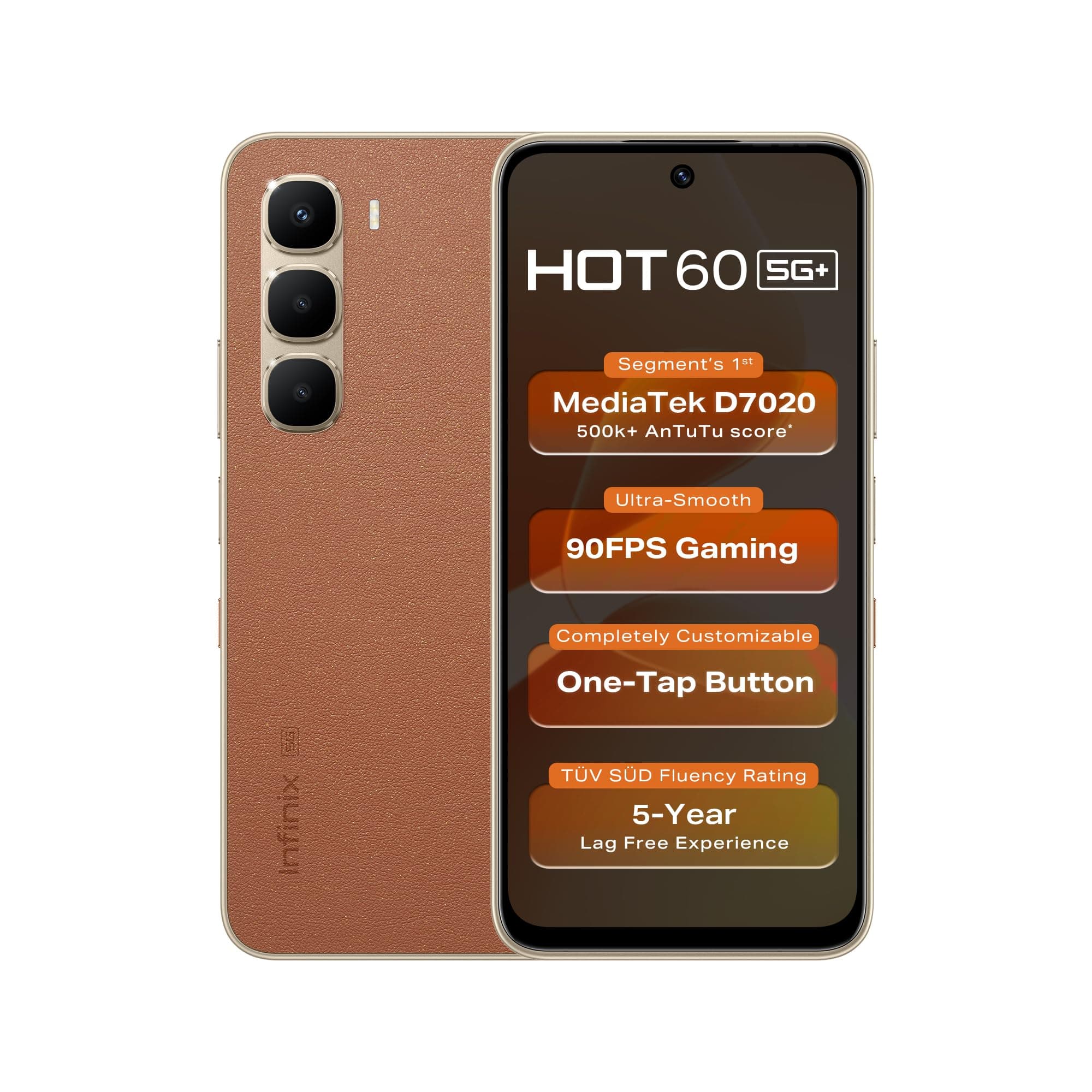 Infinix HOT 60 5G+ (Caramel Glow, 6GB RAM, 128GB Storage) | 90FPS Gaming | 500K+AnTuTu Score | One-Tap AI Button | Infinix AI