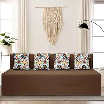 SOFA SANCTUARY 4-Person Sofa Cum Bed Jute Fabric- Washable Cover- Including 4 Cushion - 6'X6' Feet (Brown Color) Perfect for Home & Office for Guest