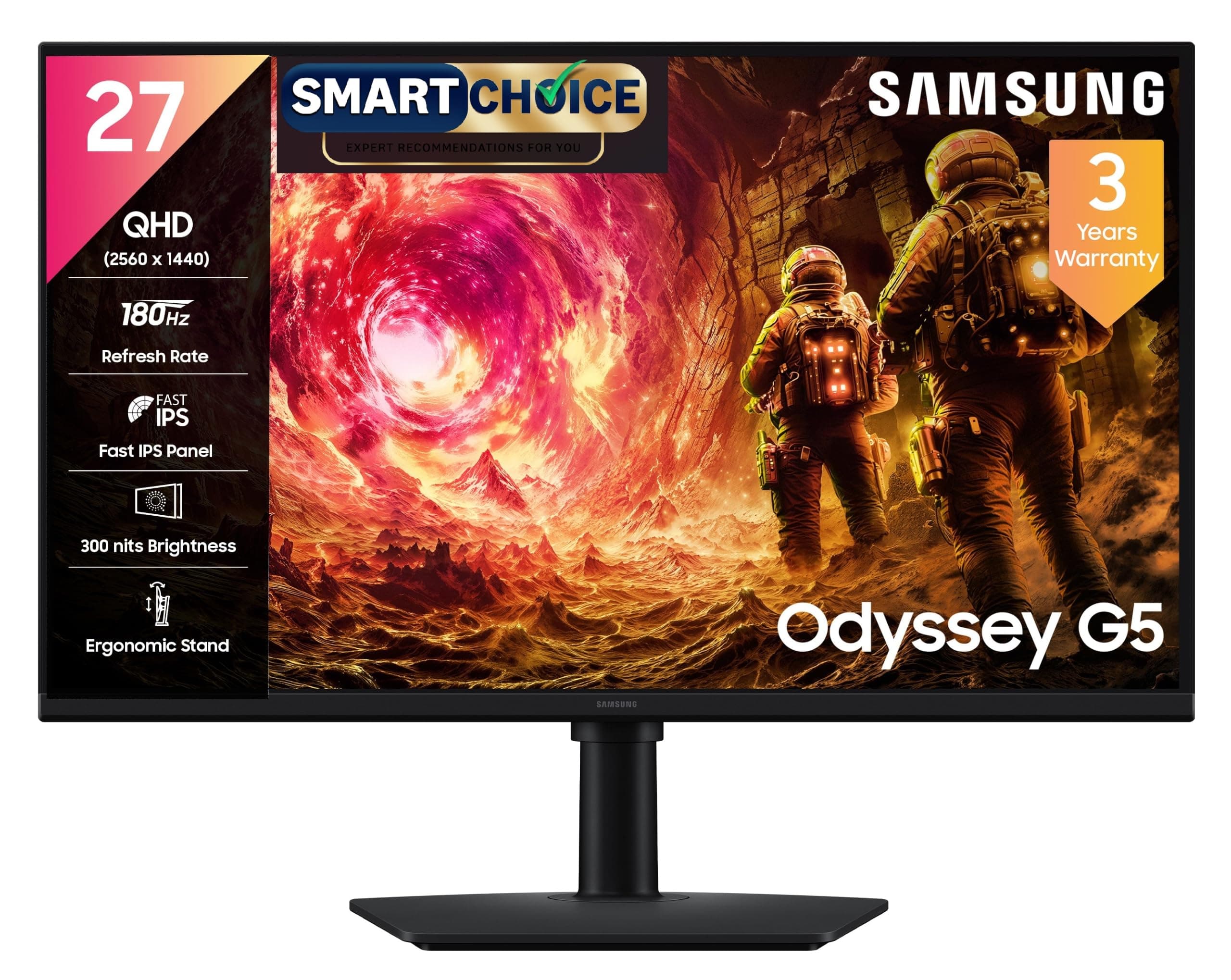 Samsung 27" Odyssey G5 Fast IPS Gaming Monitor|QHD 2560 x 1440|180 Hz|1ms|300nits|HDR10|AMD FreeSync|G-Sync|Ports-DP,HDMI,Headphone|Height-Tilt-Swivel...