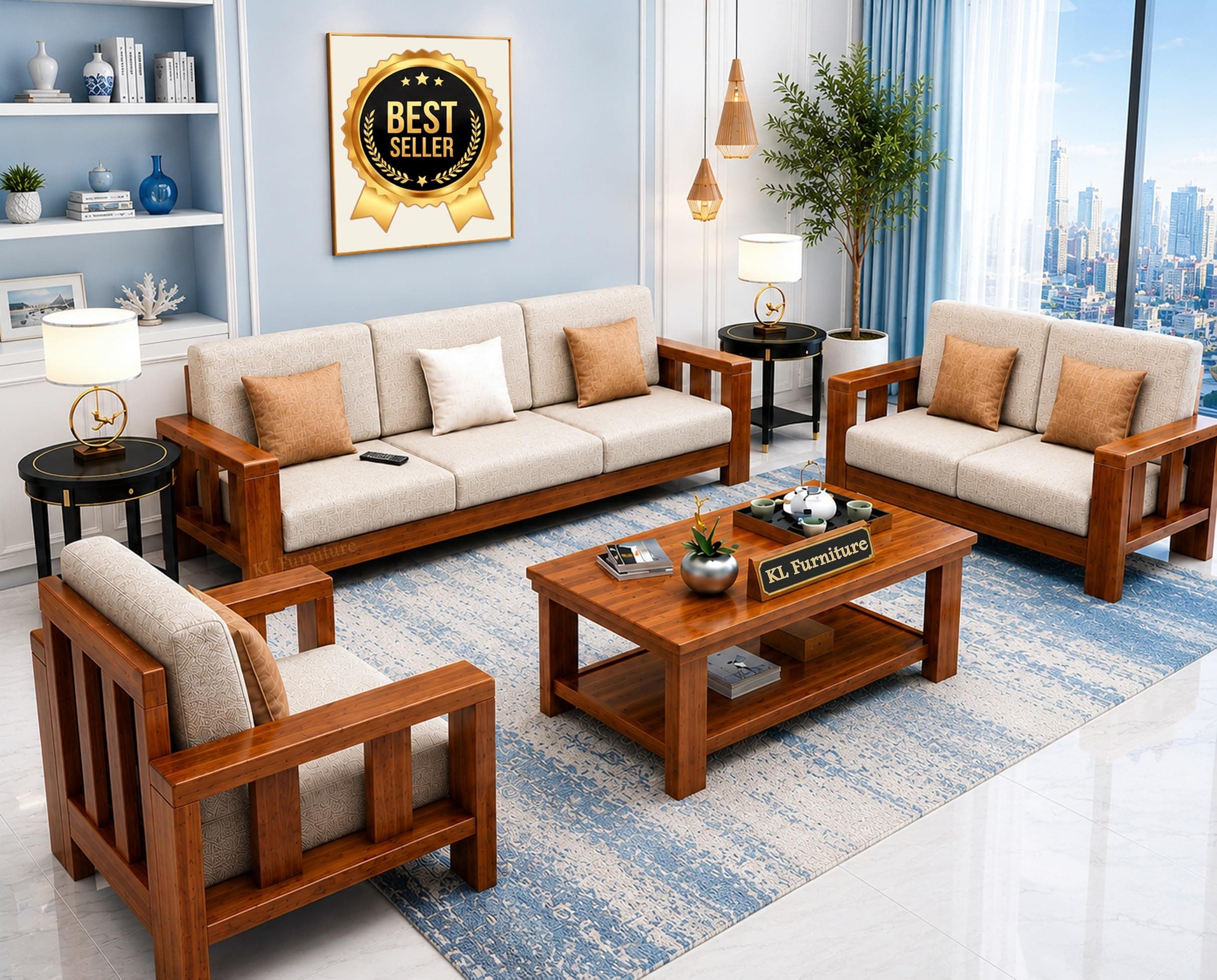 K L FURNITURE Solid Sheesham Wood 6 Seater Sofa Set for Living Room | Sofa Set | Sofa Set 6 Seater | 6 Seater Sofa Set | Wooden Sofa Set for Living Room Furniture (3+2+1, Brown,Natural Teak Finish)