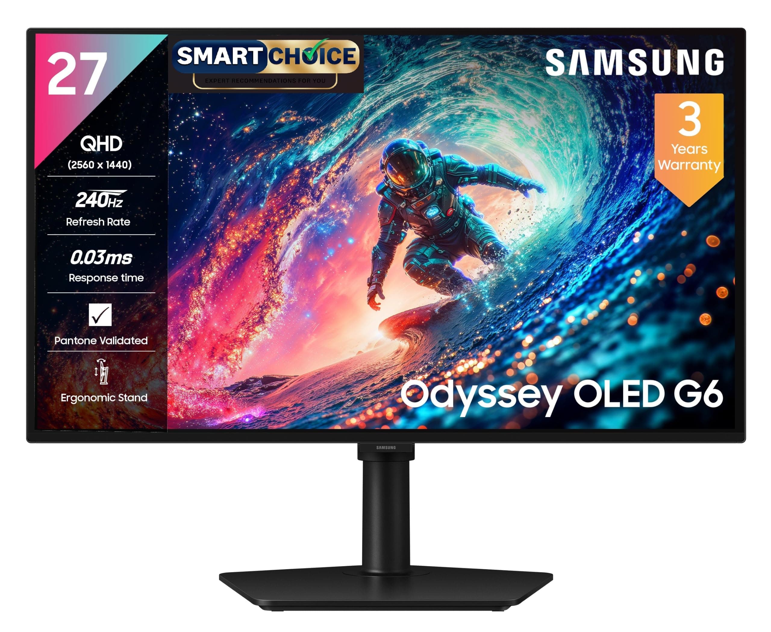 Samsung 27" Odyssey QD-OLED G6 Gaming Monitor(Smartchoice) | QHD 2560 x 1440| 240 Hz| 0.03ms | Ergonomic Stand | Pantone Validated| Glarefree | TrueBr...