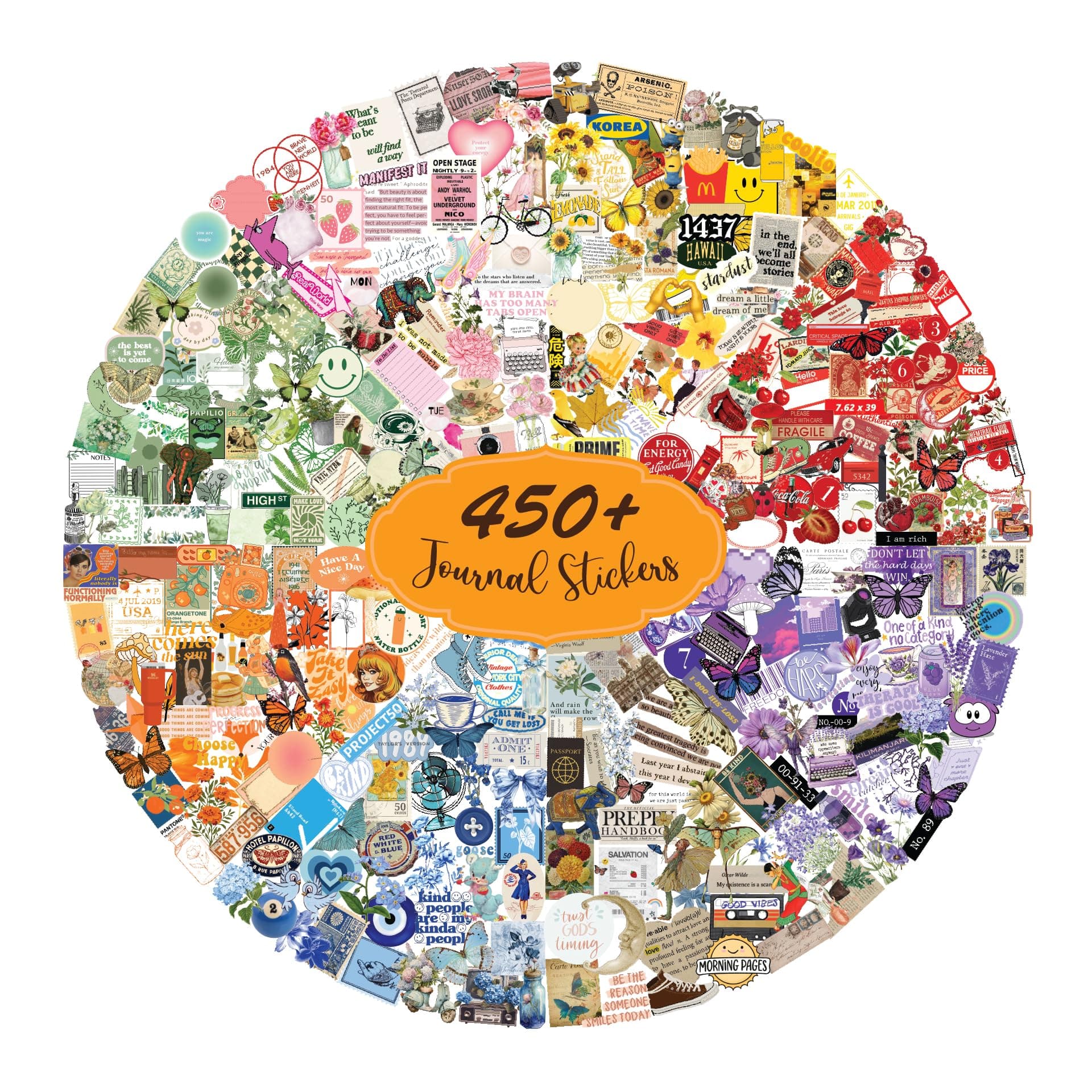 CodersParadise Plastic - 450 Vibrant Journal Glass Stickers, Self Adhesive 4 Colour Designs And Patterns Vintage Retro Stickers For Journal, Scrapbook...