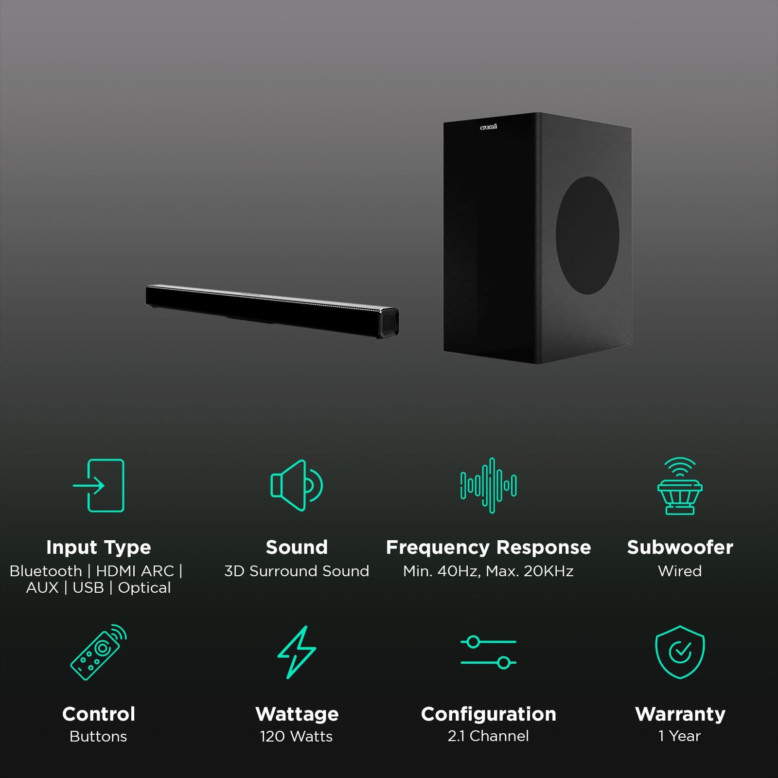 Croma 120W Soundbar with Remote (Preset EQ Modes, 2.1 Channel, Black)
