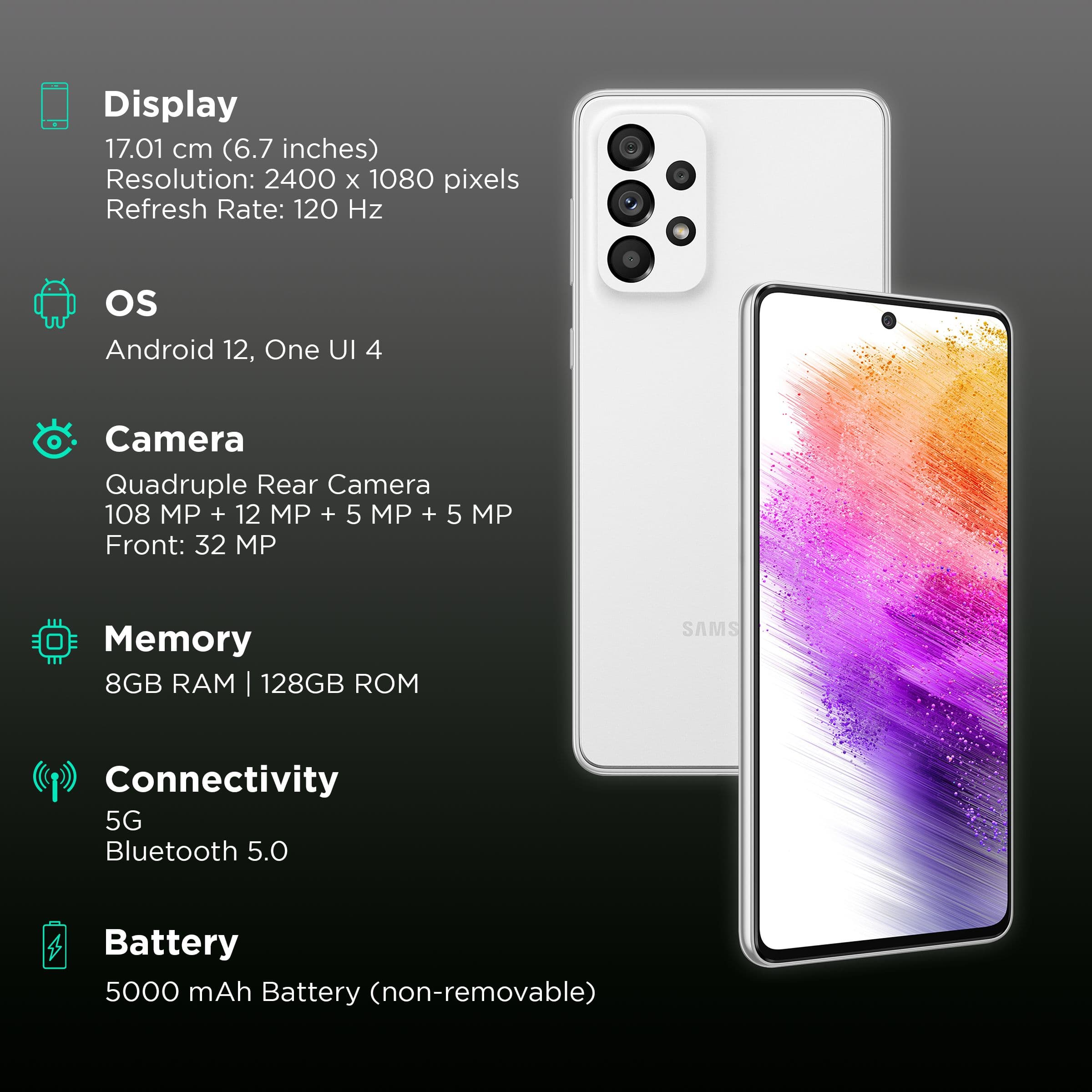 SAMSUNG Galaxy A73 5G (8GB RAM, 128GB, Awesome White)