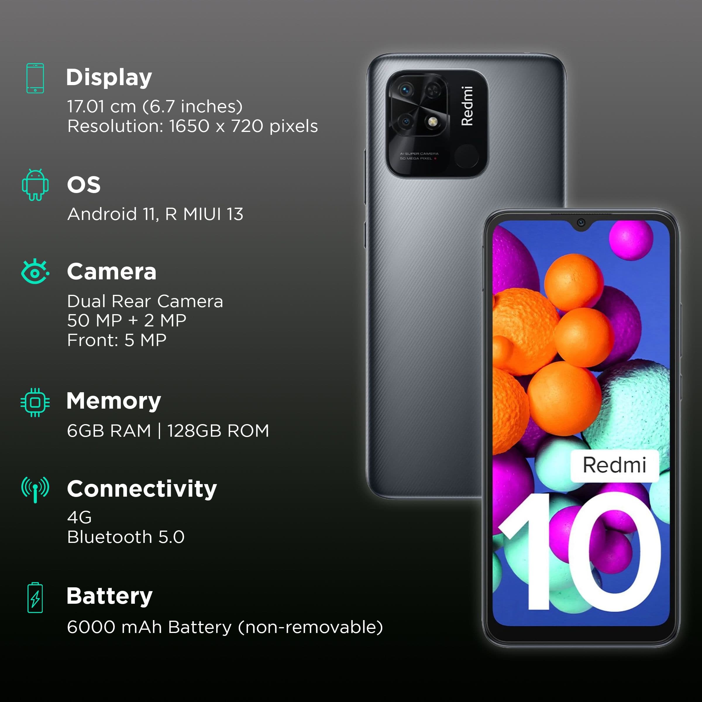 Redmi 10 (6GB RAM, 128GB, Midnight Black)
