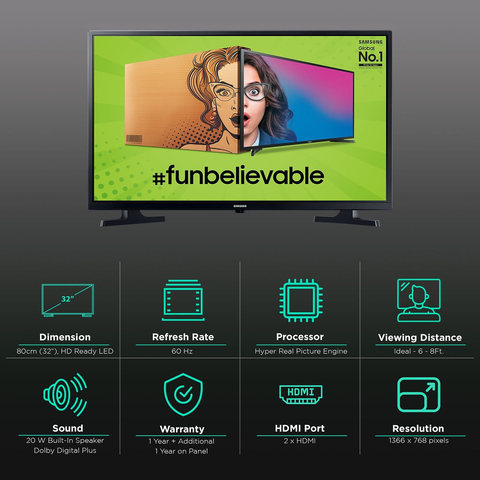 SAMSUNG Series 4 80 cm (32 inch) HD Ready LED TV with Hyper Real Picture Engine (2020 model)