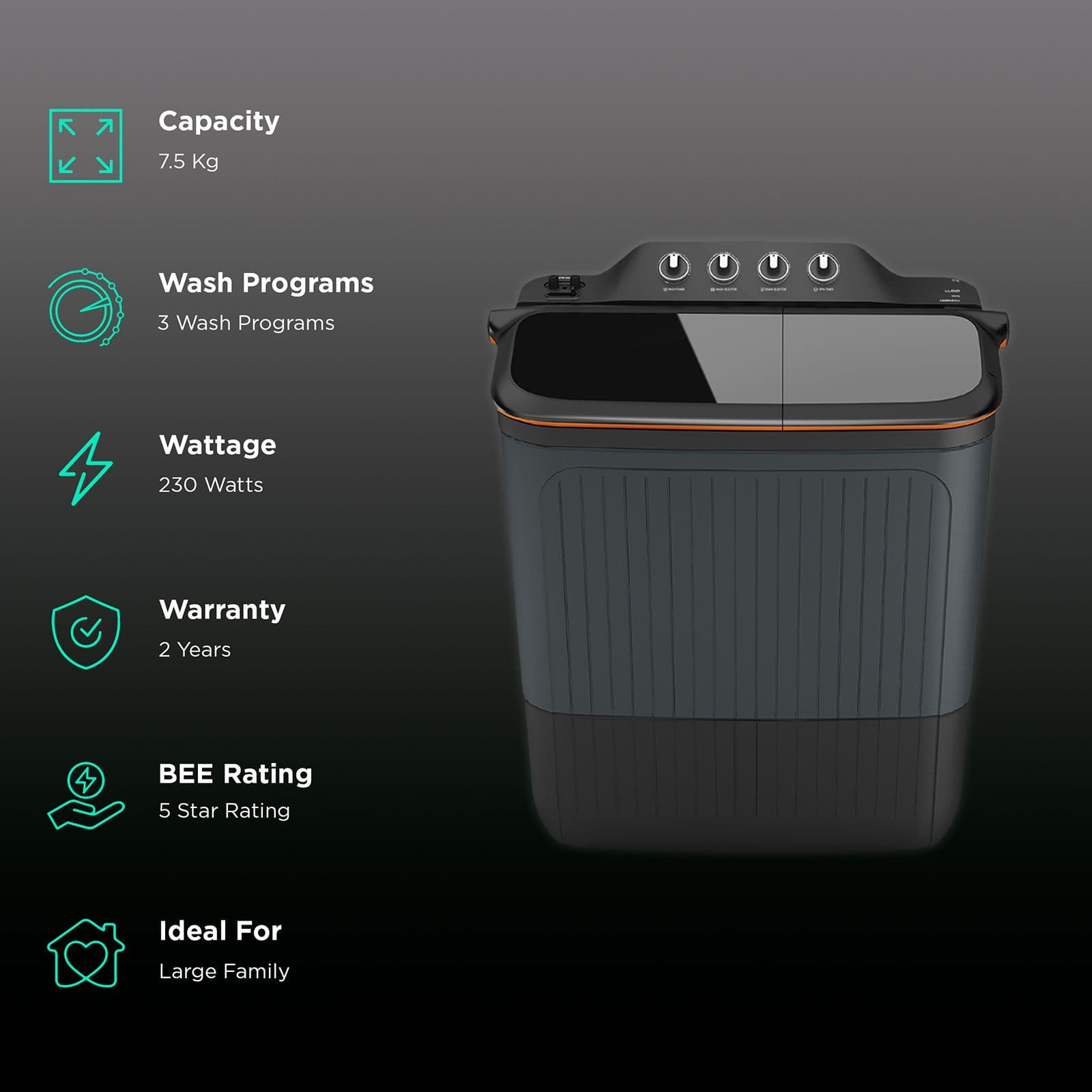 LLOYD 7.5 kg 5 Star Semi Automatic Washing Machine with 3 Wash Programs (GLWMS75CVGEL, Grey)