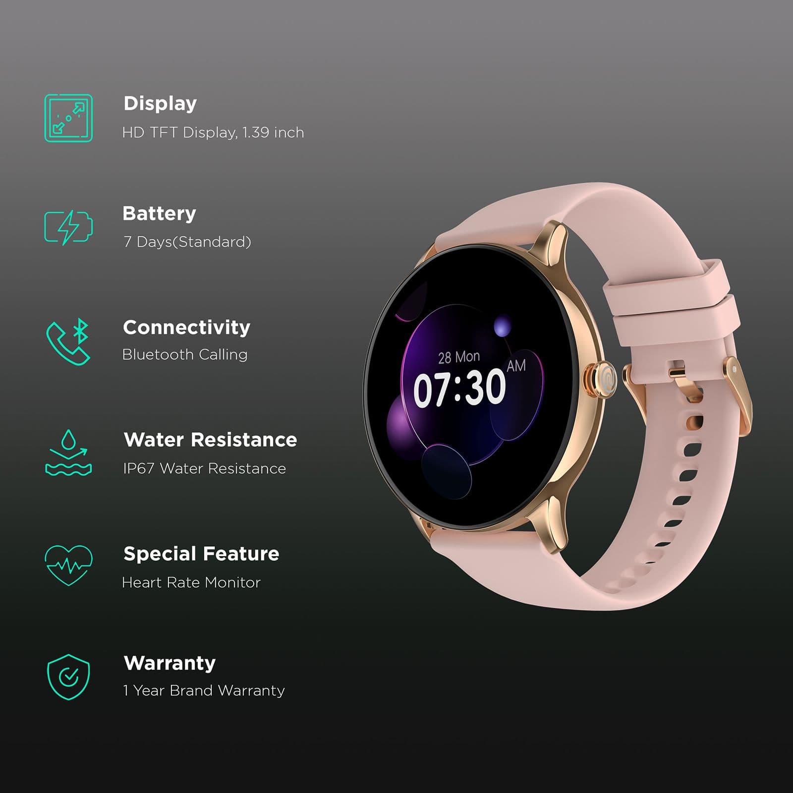 noise Twist Go Smartwatch with Bluetooth Calling (35mm TFT Display, IP67 Water Resistant, Rose Pink Strap)