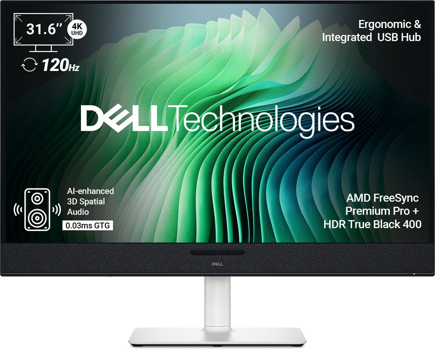 dell s series 81 28 cm 32 inch 4k ultra hd oled panel ai enhanced 3d spatial audio 99 dci p3 1 500 000 1 1000 nits 5 speakers ergo integrated usb hub 2 type c 90w upstream 15w downstream monitor s3225qc