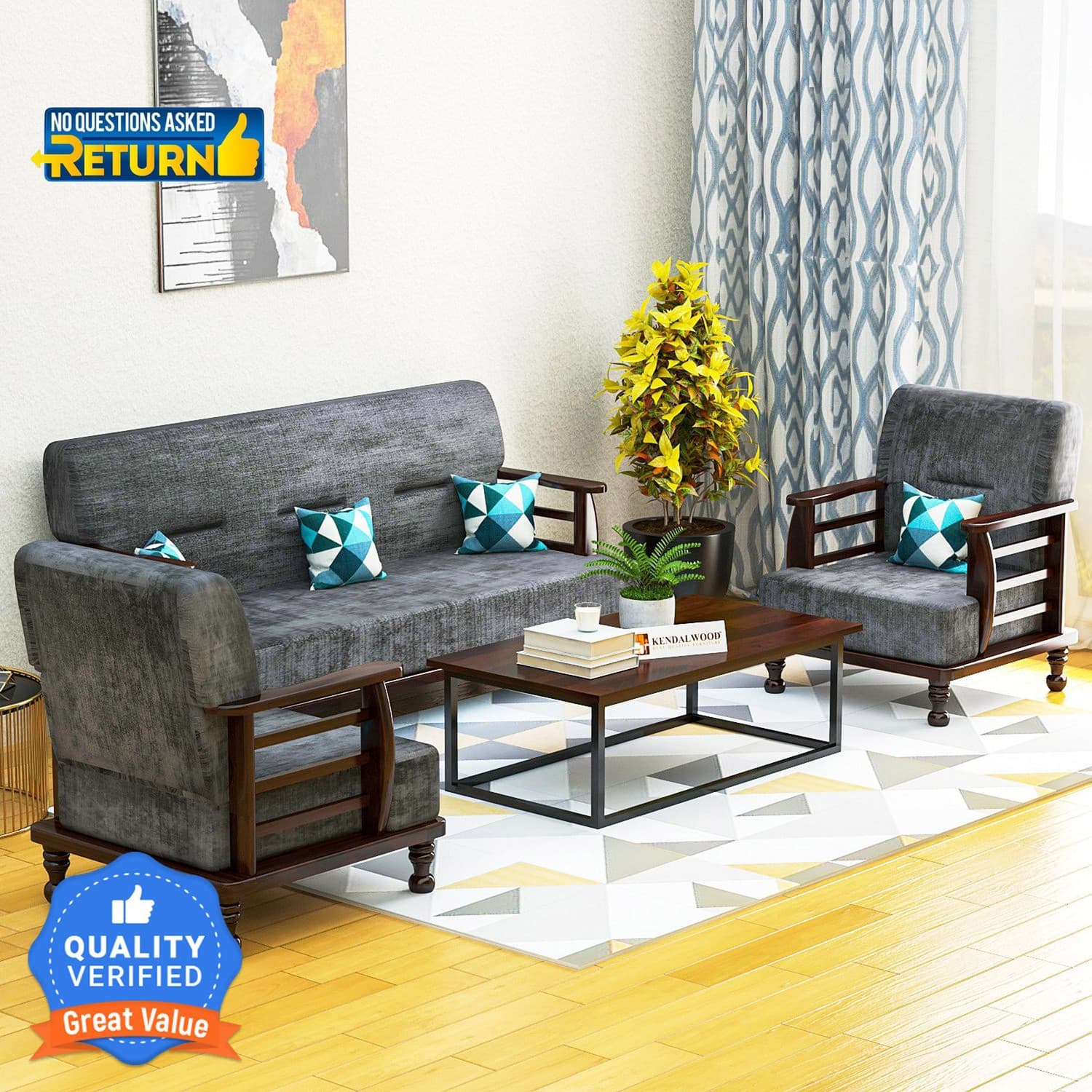 Kendalwood Furniture Fabric 3 + 1 + 1 Natural Teak Finish With Gray Cushion Sofa Set  (Delivery condition - Pre-assembled)