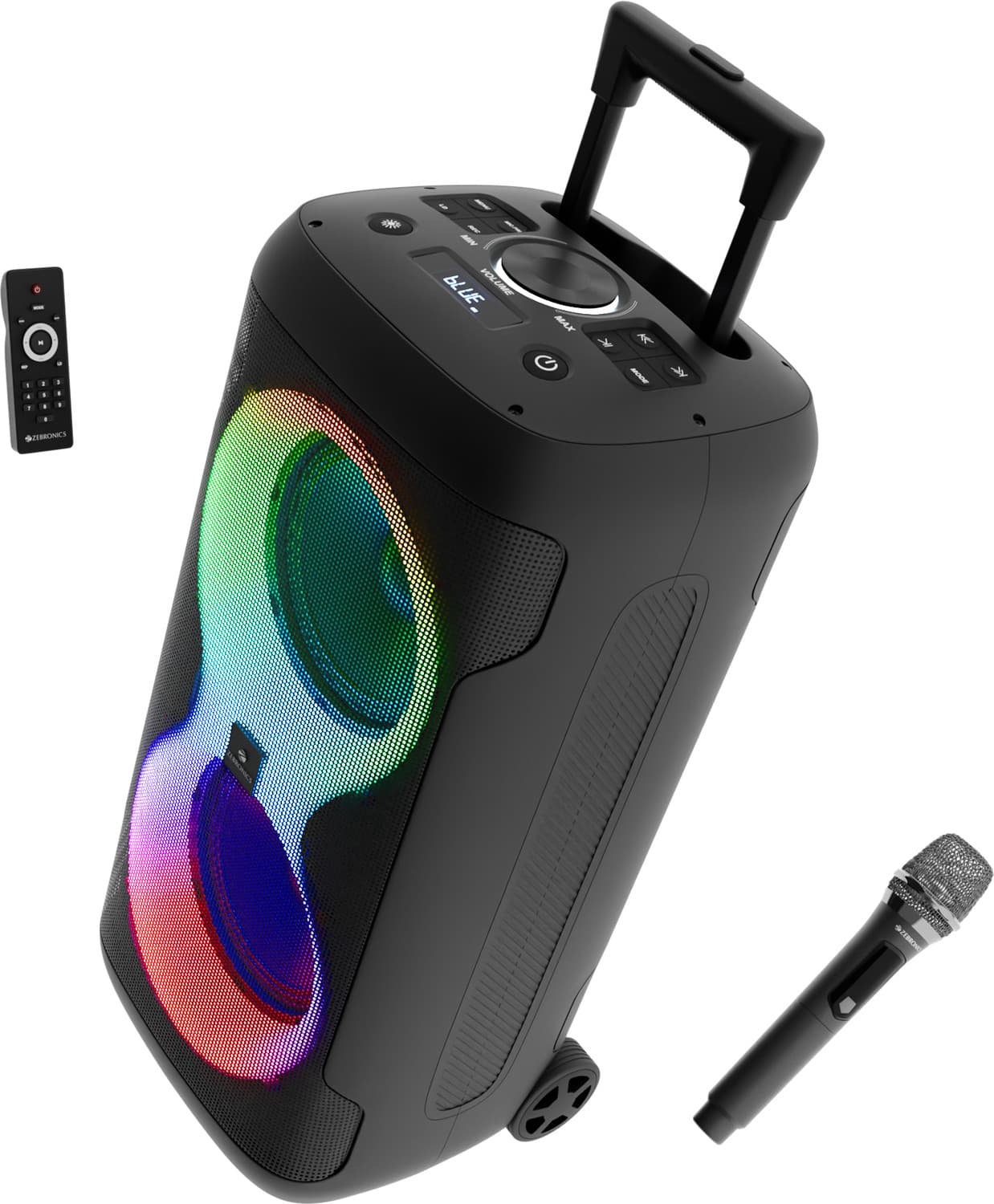 zebronics party fyre 120 7h playback led wireless mic 9 rgb modes handle wheels 120 w bluetooth speaker