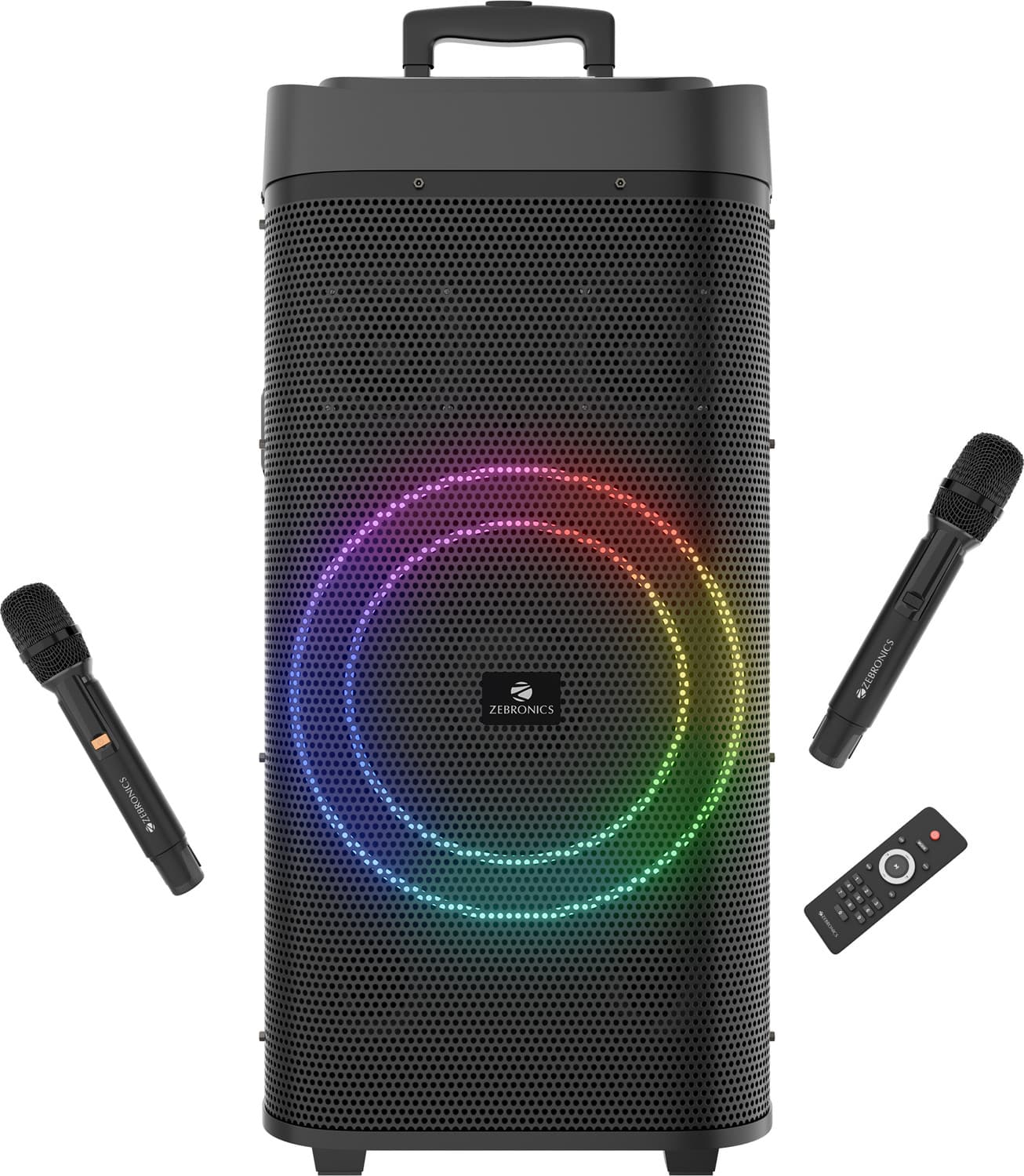 zebronics party fyre 900 10hrs playback rgb 2 wireless mics remote tws usb aux 200 w bluetooth speaker