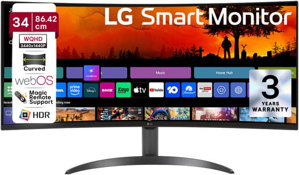 LG Smart 86.36 cm (34 inch) Curved WQHD VA Panel 34 (86.36 cm) 21:9 Curved WQHD (3440x1440) display, webOS Smart Monitor, ThinQ Home Dashboard / Magic Remote support, AirPlay 2, Screen Share, Bluetooth, 2xHDMI, 2xUSB ports, Tilt adjustable stand Monitor (34SR60QC-BA.ATRDMSN)