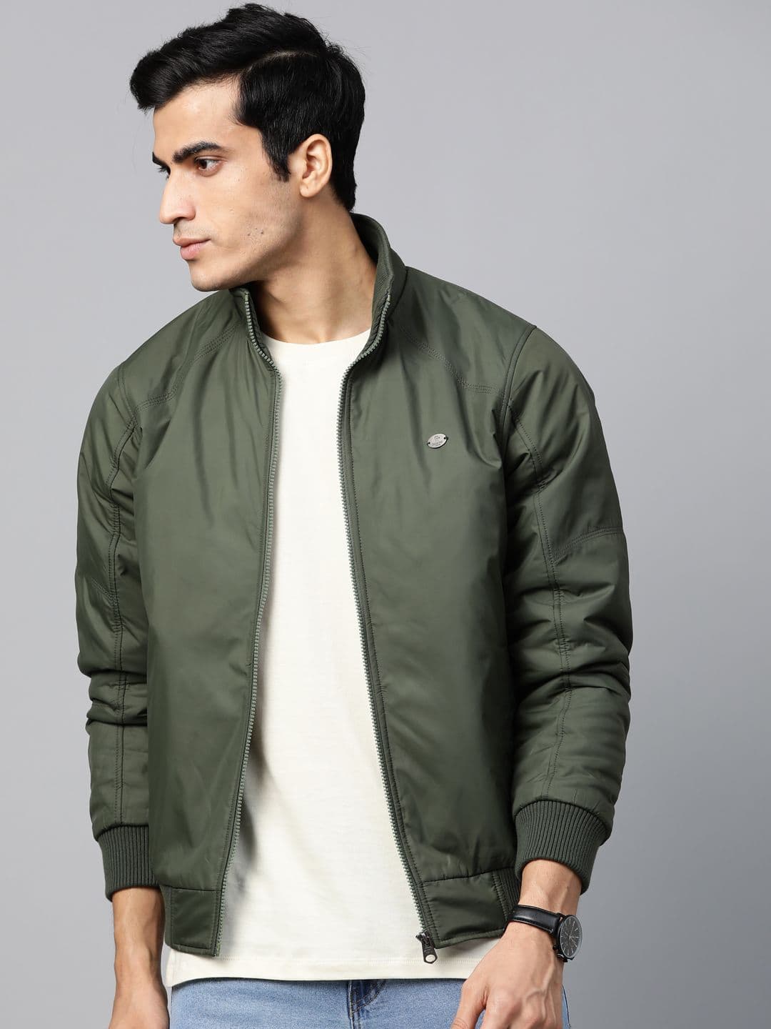 Roadster Men Olive Green Solid Bomber Jacket