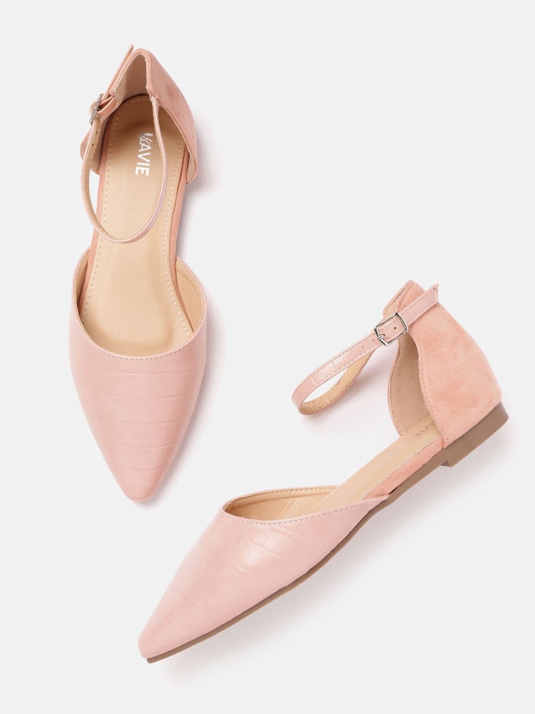 Lavie Women Peach-Coloured Croc Textured Closed Toe Flats with Buckles