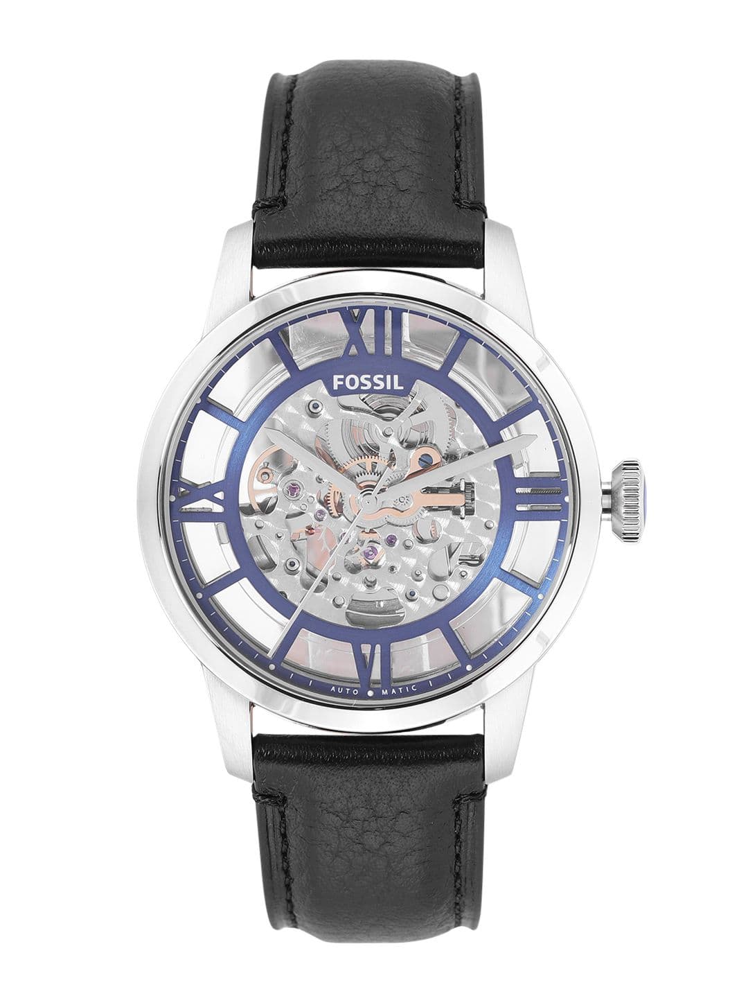 Fossil Townsman Men Silver-Toned Skeleton Dial Leather Strap Automatic Watch ME3200