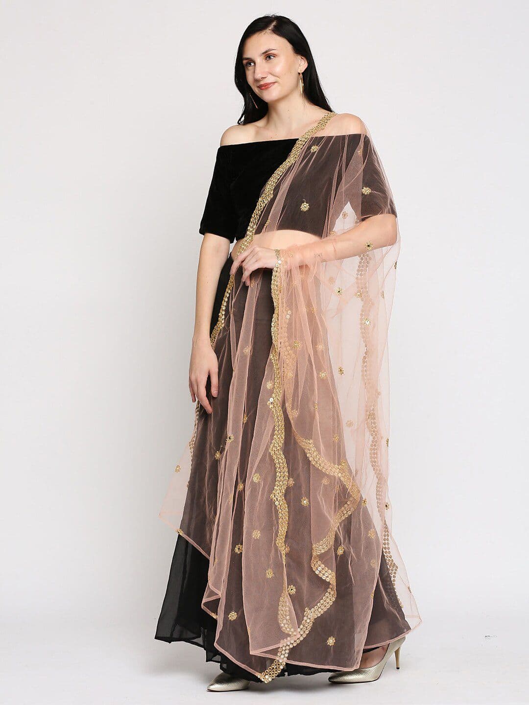 Ira Soleil Pink & Gold-Toned Embellished Designer Net Dupatta With Lace Work