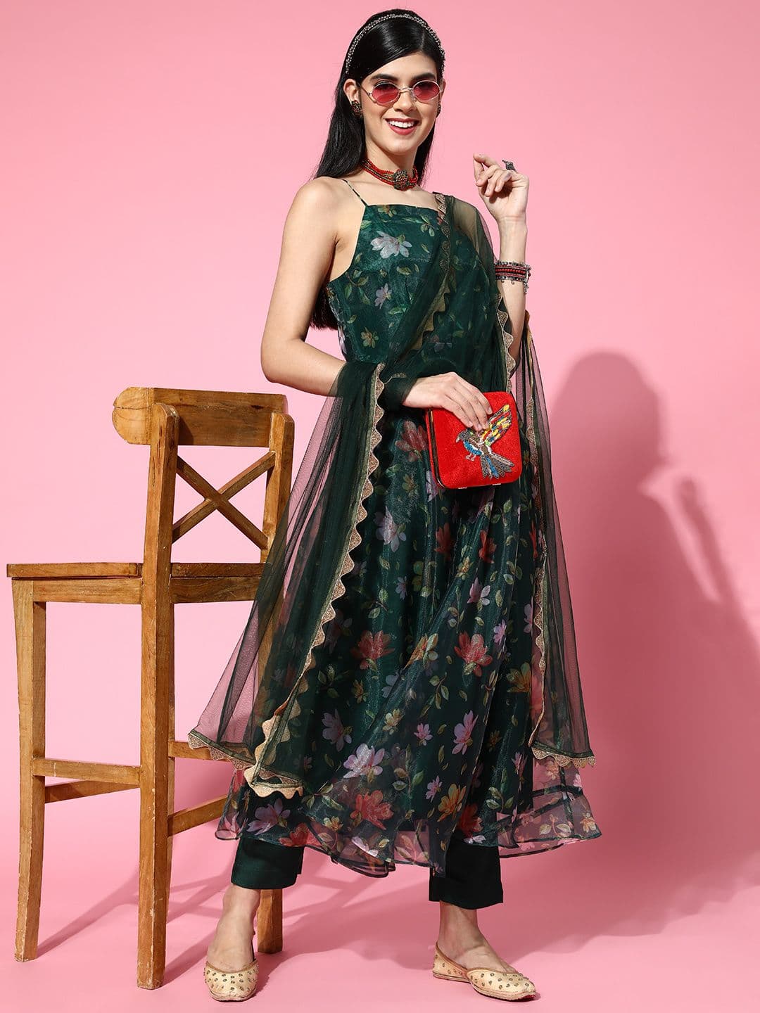 Inddus Floral Organza Scalloped Edge Kurta Set
