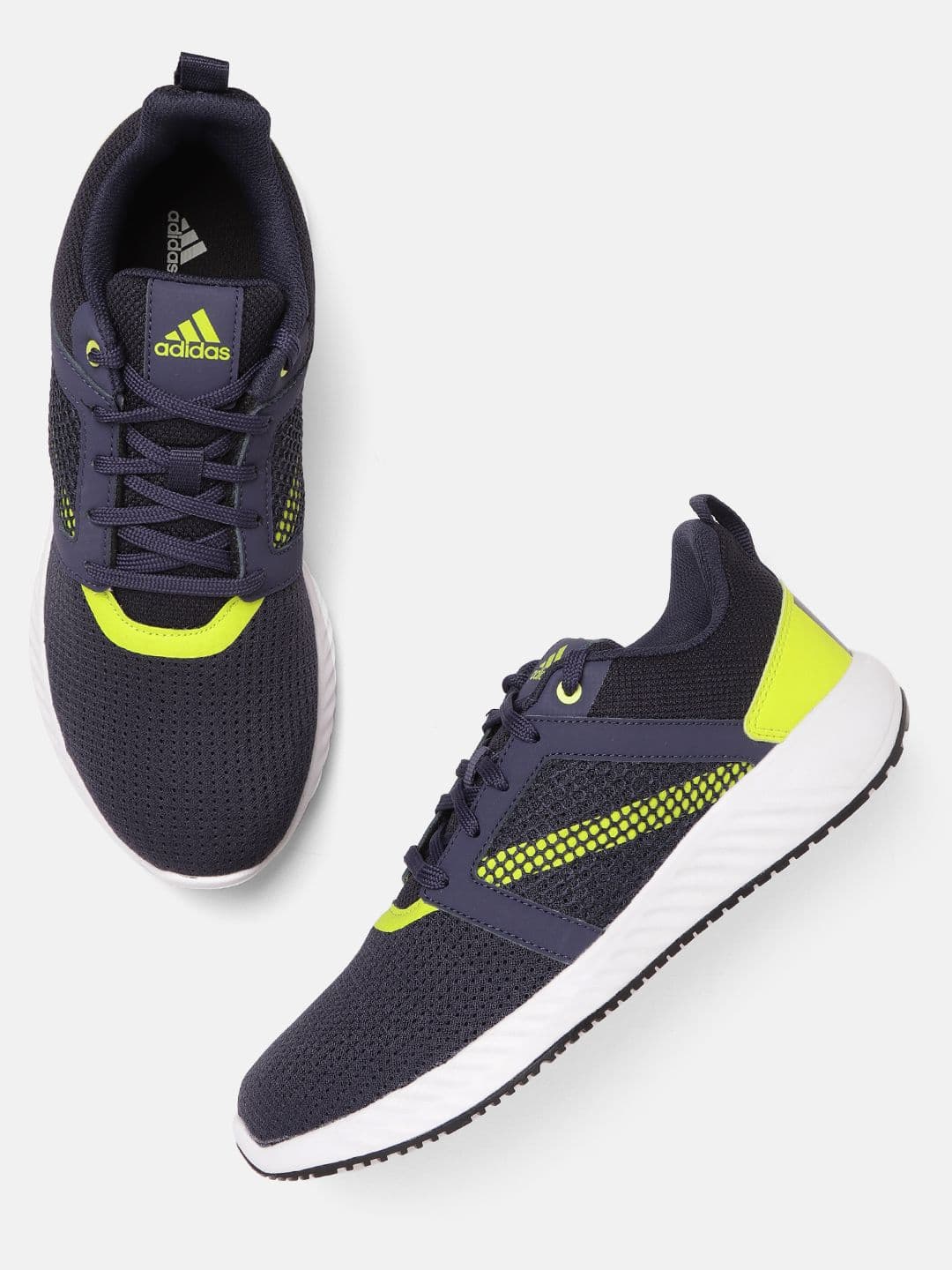 ADIDAS Men Navy Blue & Neon Green Woven Design Floatrise Running Shoes