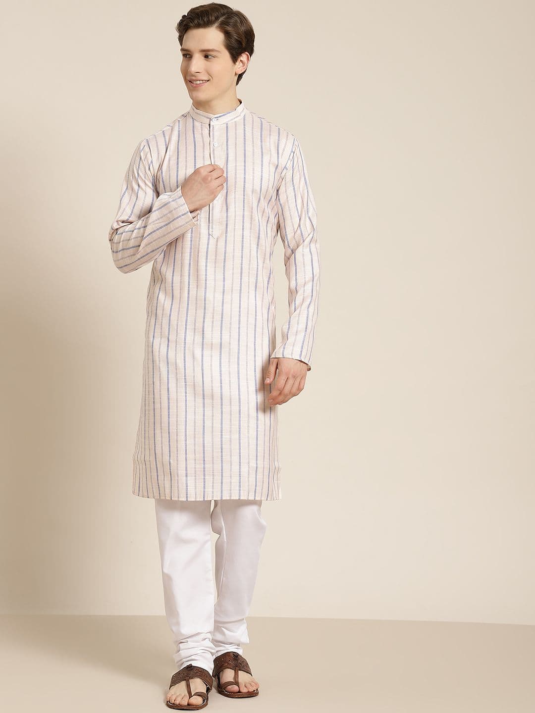 SOJANYA Men Peach-Coloured Pure Cotton Striped Kurta with Churidar