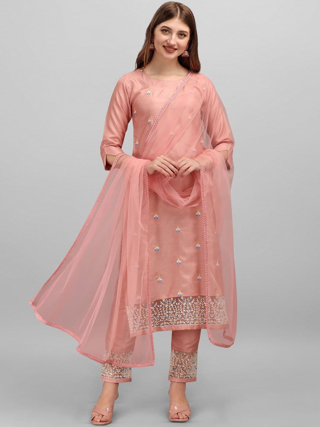 heemara Women Peach-Coloured Ethnic Motifs Embroidered Kurta with Trousers & With Dupatta