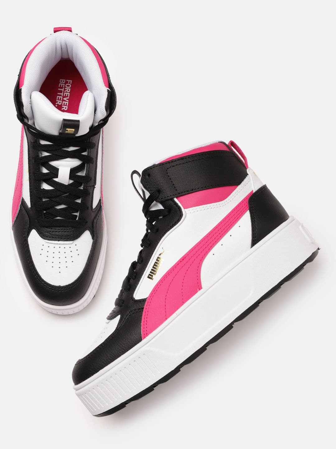 Puma Women White & Pink Colourblocked Karmen Rebelle Leather Mid-Top Sneakers