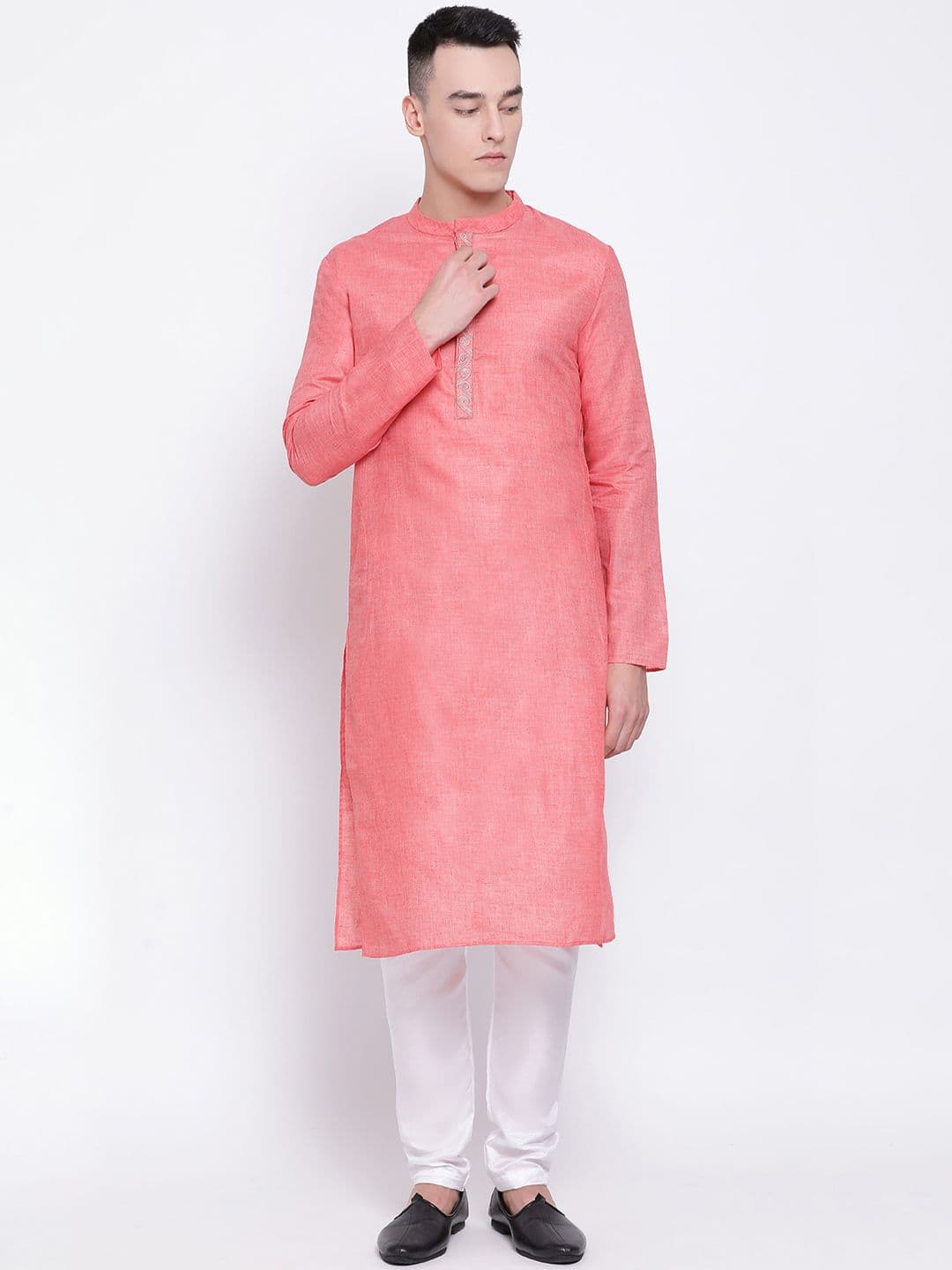 DEVOILER Men Peach-Coloured Solid Straight Kurta
