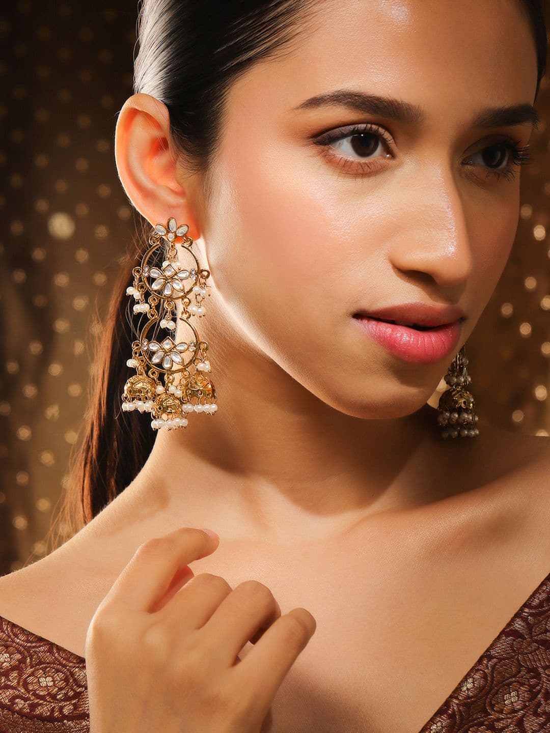 Rubans Gold-Plated & Silver-Toned Kundan Classic Jhumkas