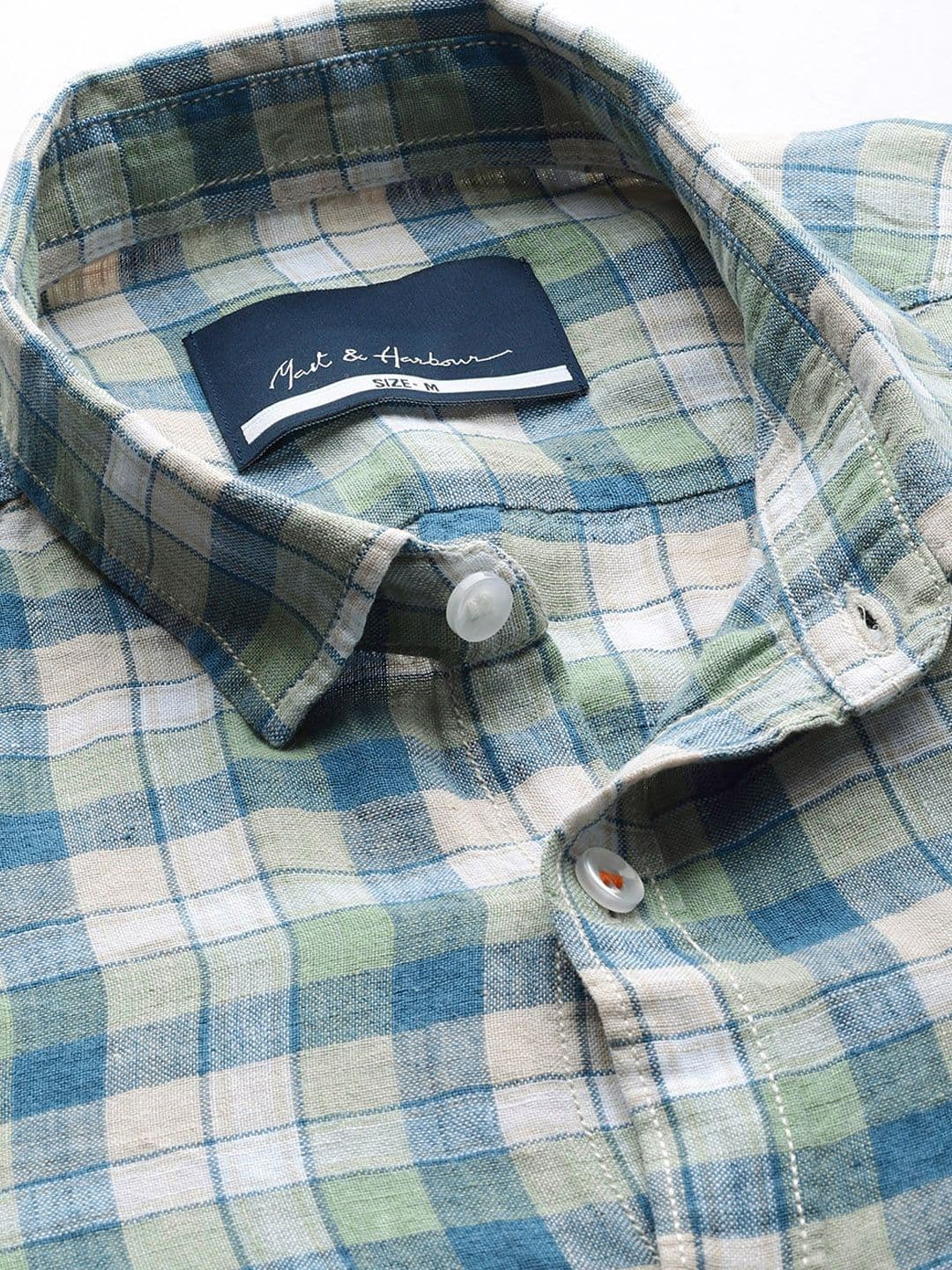 Mast & Harbour Men Blue & Green Regular Fit Checked Casual Linen Sustainable Shirt