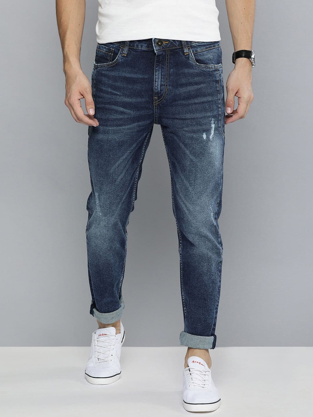 Mast & Harbour Men Blue Slim Tapered Fit Mid-Rise Low Distress Stretchable Jeans