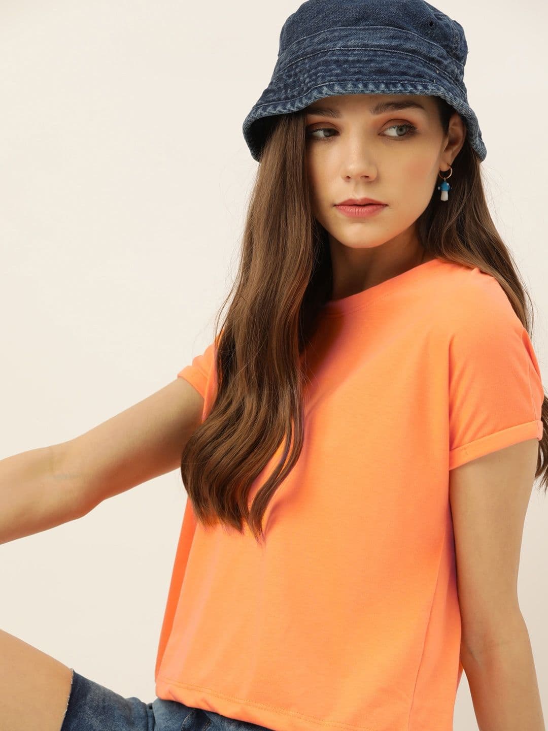 DressBerry Women Peach-Coloured Solid Extended Sleeves T-shirt