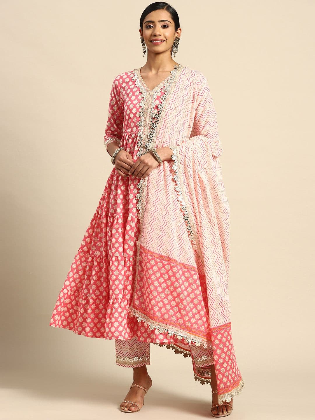 anayna Women Pink & White Ethnic Motifs Printed Pure Cotton Kurta with Trousers & Dupatta