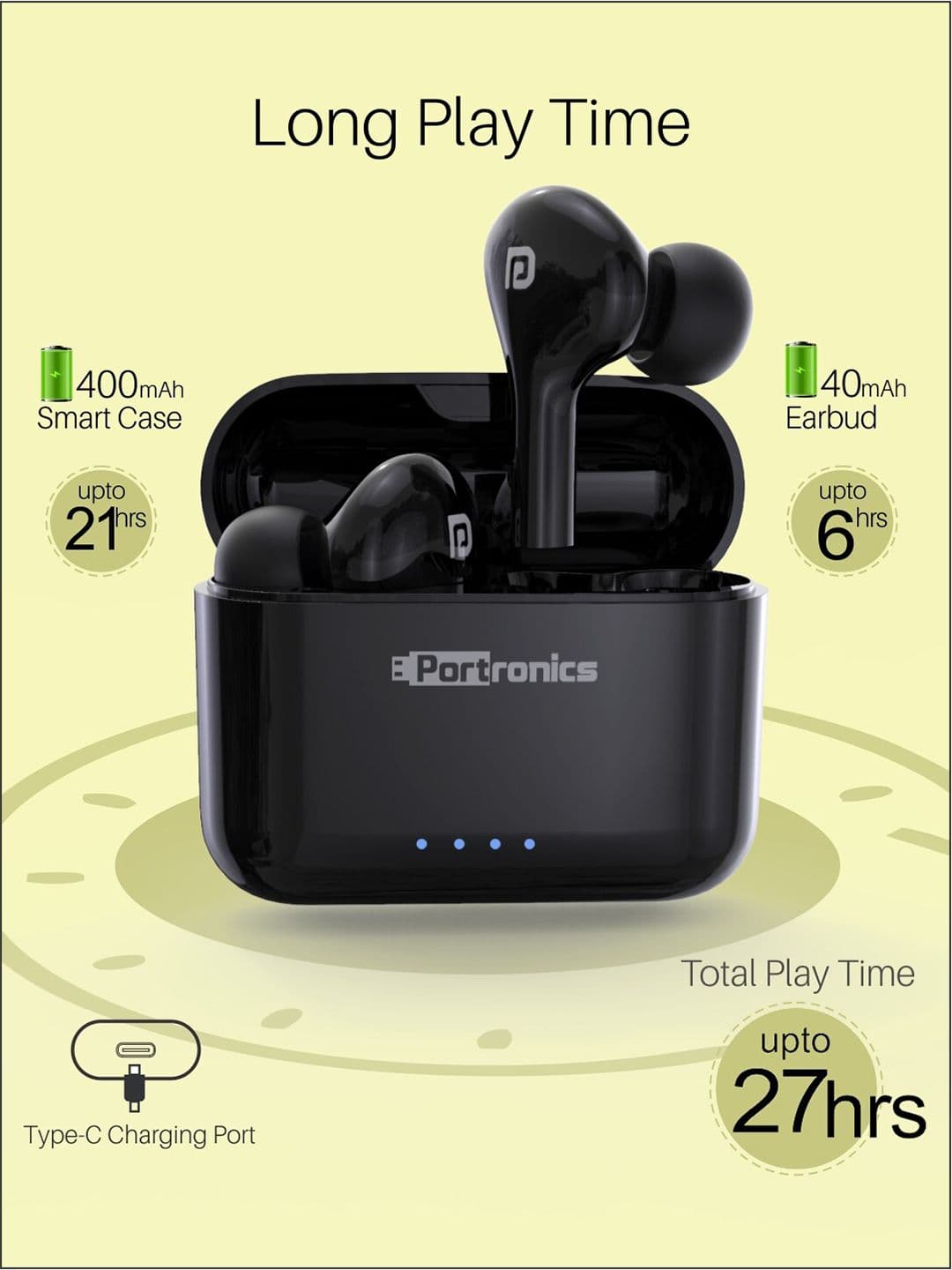 Portronics Adults Black Twins 33 Smart Truly Wireless Bluetooth In-Ear Earbuds with Mic