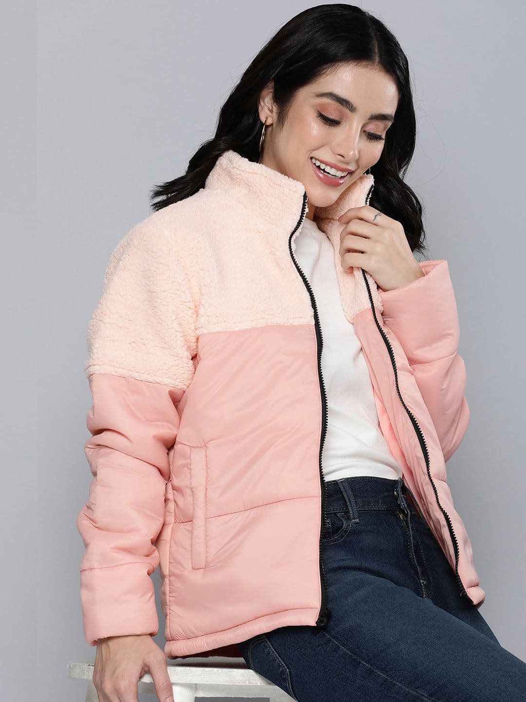 Mast & Harbour Women Peach-Coloured Solid Padded Jacket