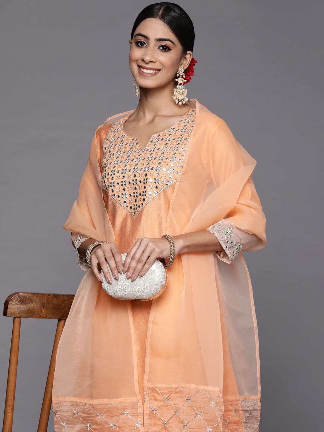 Indo Era Women Peach-Coloured Embroidered Mirror Work Liva Kurta with Trousers & With Dupatta