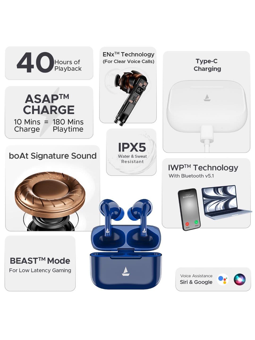 boAt Airdopes 163 TWS Earbuds w/ 50H Playback, ENx Tech & 13mm Drivers
