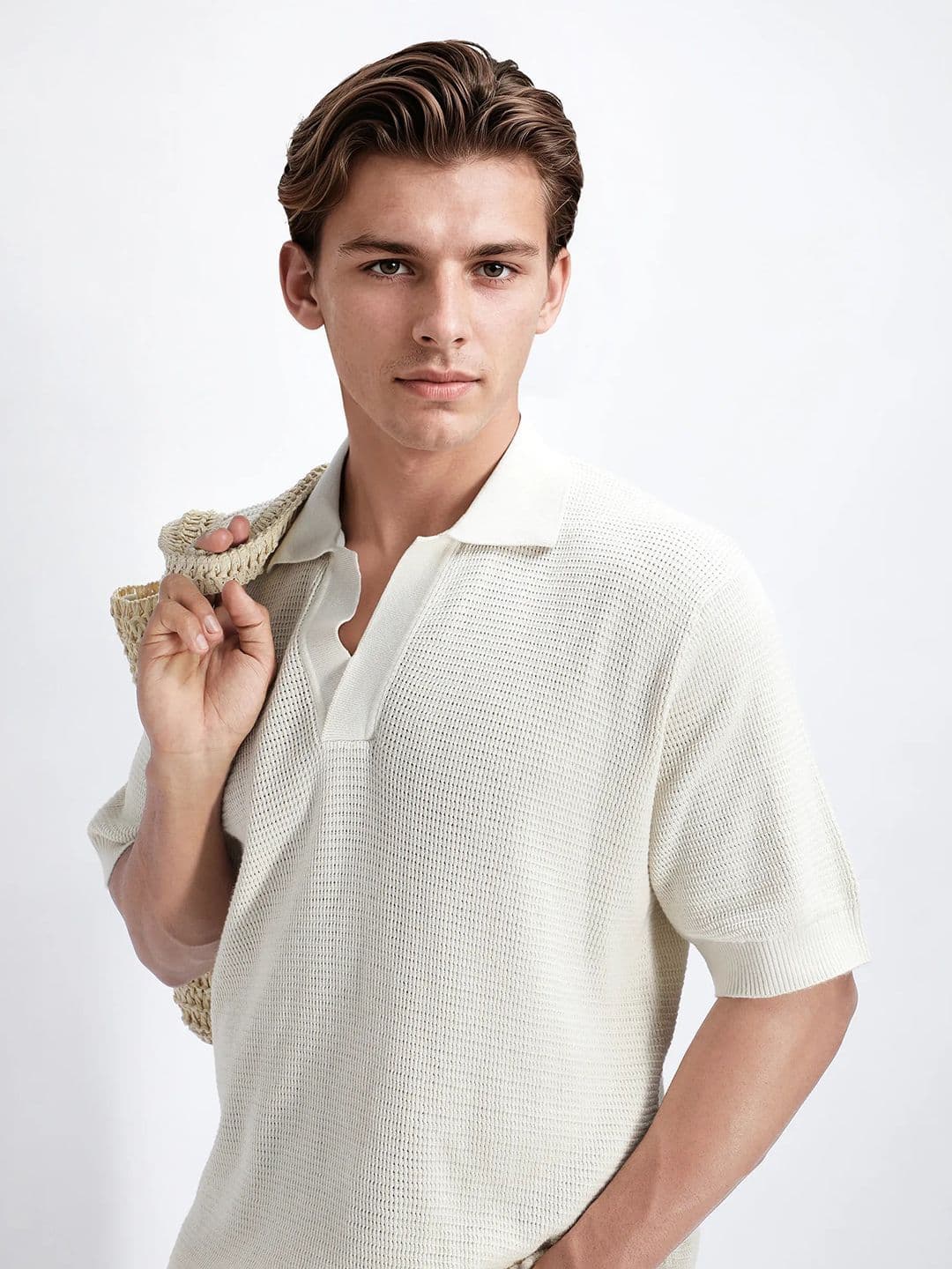 RARE RABBIT Men Textured Spread Collar Half Sleeve Cotton Oversized Fit Polo T-Shirt