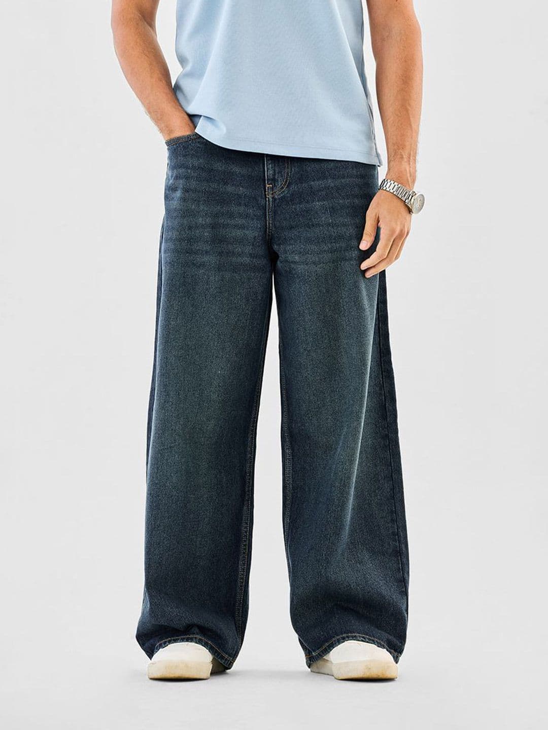 Snitch Men Dark Blue Mid-Rise Baggy Jeans
