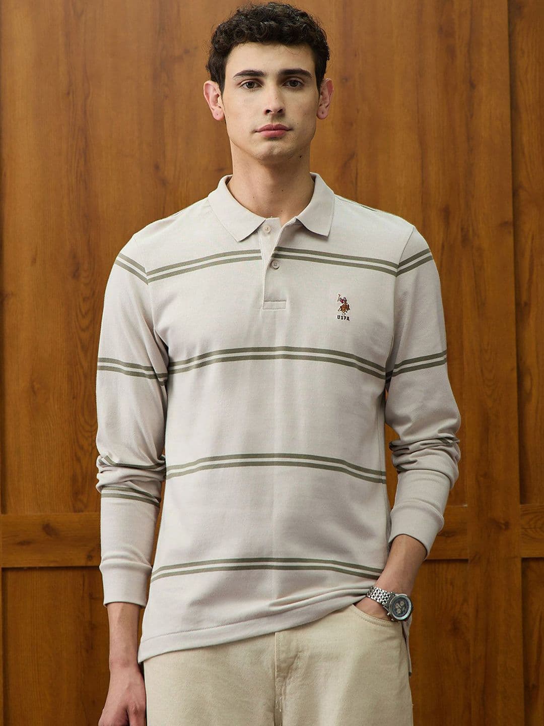 U.S.Polo Association Men Beige Horizontal Striped Polo Collar Long Sleeves Shirt