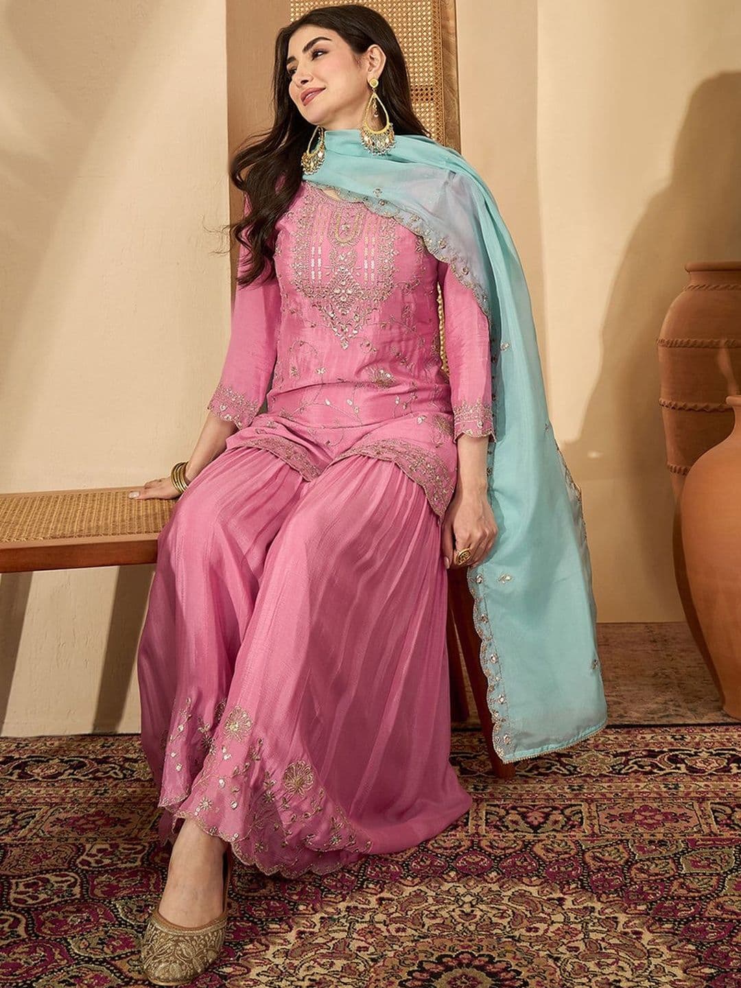 Sangria Women Ethnic Motifs Embroidered Regular Sequinned Kurta with Sharara & With Dupatta