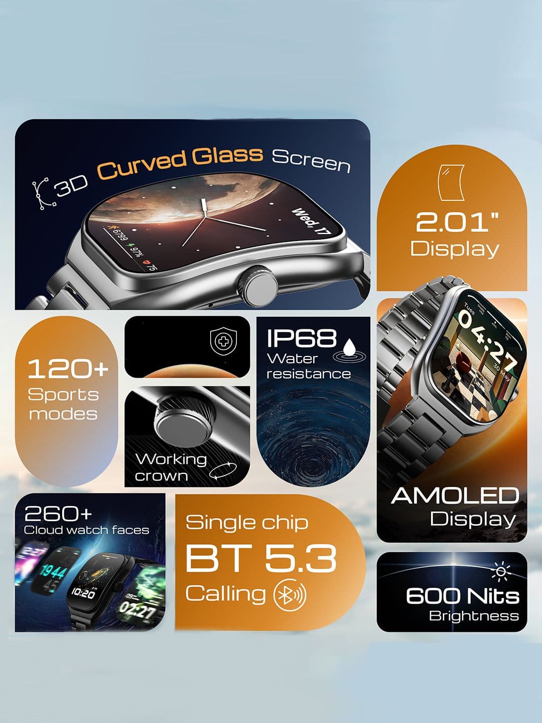 GOBOULT Previously Boult Trail Pro 2.01'' 3D Curved Display + AMOLED, 600 Nits, IP68 Smartwatch
